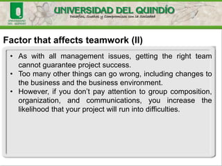 Factor that affects teamwork (II)
• As with all management issues, getting the right team
cannot guarantee project success.
• Too many other things can go wrong, including changes to
the business and the business environment.
• However, if you don’t pay attention to group composition,
organization, and communications, you increase the
likelihood that your project will run into difficulties.
 