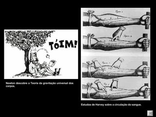 Newton descobre a Teoria da gravitação universal dos corpos. Estudos de Harvey sobre a circulação do sangue. 