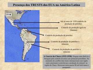 Presença dos TRUSTS dos EUA na América Latina A Guerra do Chaco (1932-1938) : Disputa entre Bolívia e Paraguai pelo controle de áreas com potencial petrolífero. No momento do conflito dois trusts internacionais (um inglês outro americano) controlavam a produção do mineral  na região do Chaco. Morreram nesta guerra 90 mil bolivianos e paraguaios. Até os anos de 1930 controle da produção de petróleo Controle da produção agrícola (banana) Controle da produção de petróleo Controle da produção de petróleo e minerais Controle da produção de petróleo e minerais 