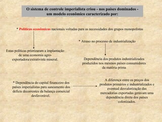 O sistema de controle imperialista criou - nos países dominados - um modelo econômico caracterizado por: *  Políticas econômicas  nacionais voltadas para as necessidades dos grupos monopolistas * Dependência do capital financeiro dos países imperialistas para saneamento dos deficts decorrentes da balança comercial desfavorável.  * Atraso no processo de industrialização  Estas políticas priorizaram a implantação de uma economia agro-exportadora/extrativista mineral. Dependência dos produtos industrializados produzidos nos mesmos países consumidores da matéria prima A diferença entre os preços dos produtos primários e industrializados e eventual desvalorização das mercadorias exportadas geravam uma dependência direta dos países colonizados. 