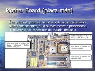 Mother Board (placa mãe) É uma grande placa de circuitos onde são encaixados os outros componentes, a Placa mãe recebe o processador, as memórias, os conectores de teclado, mouse e impressora, e muito mais. 
