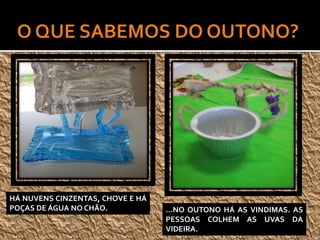 HÁ NUVENS CINZENTAS, CHOVE E HÁ
POÇAS DE ÁGUA NO CHÃO. …NO OUTONO HÁ AS VINDIMAS. AS
PESSOAS COLHEM AS UVAS DA
VIDEIRA.
 