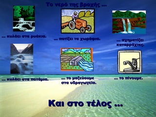 Το νερό της βροχής … …  κυλάει στα ρυάκια. …  ποτίζει τα χωράφια. …  το πίνουμε. …  το μαζεύουμε  στα υδραγωγεία. …  κυλάει στα ποτάμια. …  σχηματίζει  καταρράχτες. Και στο τέλος … 