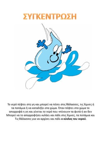 Το νερό πέφτει στη γη και μπορεί να πέσει στις θάλασσες, τις λίμνες ή
τα ποτάμια ή να καταλήξει στο χώμα. Όταν πέφτει στο χώμα το
απορροφά η γη και γίνεται το νερό που «πίνουν» τα φυτά ή αν δεν
Μπορεί να το απορροφήσει κυλάει και πάλι στις λίμνες, τα ποτάμια και
Τις θάλασσες για να αρχίσει και πάλι ο κύκλος του νερού.
 