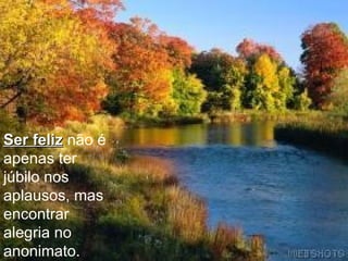 Ser feliz   não é apenas ter júbilo nos aplausos, mas encontrar alegria no anonimato. 