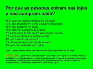 Por que as pessoas entram nas lojas e não compram nada? 38% estavam apenas olhando os produtos 21% não encontraram o que estavam procurando 15% não gostaram do preço 14% estavam comparando preços 9% ficaram em dúvida se deviam comprar ou não 5% não encontraram o tamanho certo 4% por culpa do atendimento 3% não quiseram entrar na fila do caixa 2% pela má qualidade do produto Fonte: Pesquisa feita pela Deloitte com mais de 100 mil consumidores em 2006.  DETALHE:  A pesquisa da Deloitte mostrou que o total da compra depende fortemente da  qualidade dos vendedores . Em lojas de departamento, a diferença registrada entre o gasto dos clientes satisfeitos com o atendimento e o dos insatisfeitos foi de U$ 55. Nas lojas especializadas, a distância foi ainda maior, chegando a U$ 78. 