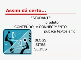 Assim dá certo... ESTUDANTE produtor CONTEÚDO  e CONHECIMENTO publica textos em: BLOGS SITES SLIDES 