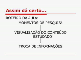 Assim dá certo... ROTEIRO DA AULA: MOMENTOS DE PESQUISA VISUALIZAÇÃO DO CONTEÚDO ESTUDADO TROCA DE INFORMAÇÕES 