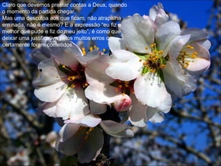 Claro que devemos prestar contas a Deus, quando o momento da partida chegar. Mas uma desculpa aos que ficam, não atrapalha em nada, não é mesmo? E a expressão “eu fiz o melhor que pude e fiz do meu jeito”, é como que deixar uma justificativa pelos muitos erros que certamente foram cometidos.  