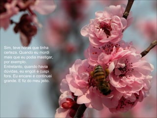 Sim, teve horas que tinha certeza. Quando eu mordi mais que eu podia mastigar, por exemplo.  Entretanto, quando havia dúvidas, eu engoli e cuspi fora. Eu encarei e continuei grande. E fiz do meu jeito. 