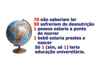 70  não saberiam ler  50  sofreriam de desnutrição  1  pessoa estaria a ponto de morrer  1  bebê estaria prestes a nascer  Só  1  (sim, só  1 ) teria educação universitária.   
