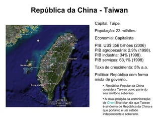 República da China - Taiwan Capital: Taipei População: 23 milhões Economia: Capitalista PIB: US$ 356 bilhões (2006) PIB agropecuária: 2,9% (1998).  PIB indústria: 34% (1998).  PIB serviços: 63,1% (1998) Taxa de crescimento: 5% a.a. Política: República com forma mista de governo .  República Popular da China considera Taiwan como parte do seu território soberano. A atual posição da administração de  Chen   Shui-bian  diz que Taiwan é sinónimo de República da China e que portanto é um estado independente e soberano. 