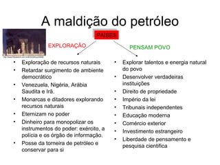 A maldição do petróleo Exploração de recursos naturais Retardar surgimento de ambiente democrático Venezuela, Nigéria, Arábia Saudita e Irã. Monarcas e ditadores explorando recursos naturais Eternizam no poder Dinheiro para monopolizar os instrumentos do poder: exército, a polícia e os órgão de informação. Posse da torneira de petróleo e conservar para si Explorar talentos e energia natural do povo Desenvolver verdadeiras instituições Direito de propriedade Império da lei Tribunais independentes Educação moderna Comércio exterior Investimento estrangeiro Liberdade de pensamento e pesquisa cientifica PAÍSES PENSAM POVO EXPLORAÇÃO http://www.fotosearch.com.br/BDX228/bxp39998/ 