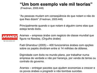 “ As pessoas mudam em conseqüência do que notam e não do que lhes dizem”  (Friedman, 2005:448) Principalmente quando o que notam é alguém como elas que esteja tendo êxito. Aramex – empresa árabe com negócio de classe mundial que figura na Nasdaq. (Orgulho árabe) Fadi Ghandour (2005) – 400 funcionários árabes com opções sobre os papéis dividiram entre si 14 milhões de dólares. Diginidade com êxito no mundo plano, por trabalhar numa empresa de verdade e não por herança, por venda de terras ou contrato do governo.  Aramex – entregar pacotes que ajudem economias a crescer e os povos árabes a progredir e não bombas suicidas. “ Um bom exemplo vale mil teorias” (Friedman, 2005:448) http://www.aramex.com/ 