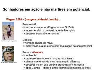 Sonhadores em ação e não martíres em potencial.   Anas Assaf: -> em curso superior (Engenharia – Bir Zeit) -> morrer Arafat  x Universidade de Memphis -> pessoas boas não terroristas Modelo:  ->homens cheios de raiva -> extravasar sua ira e não com realização do seu potencial Arafat x  Abraham -> ambiente -> professores-modelo (crianças intocáveis) -> plantar sementes de uma imaginação diferente -> pessoas vejam sua própria grandeza (instrumental) -> após 3 anos – idade 8 anos (astronauta,médico,escritor) Viagem 2003 – (margem ocidental Jordão):   http://www.cojeco.cz/.../Jasir-Arafat-1max.jpg http://fotoseimagens.blogs.sapo.pt/ 