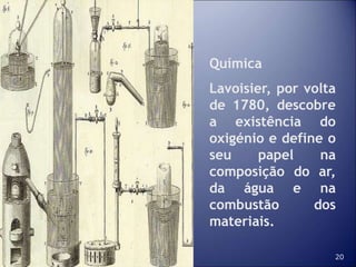 20
Química
Lavoisier, por volta
de 1780, descobre
a existência do
oxigénio e define o
seu papel na
composição do ar,
da água e na
combustão dos
materiais.
 