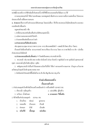 เอกสารประกอบการสอนกลุ่มสาระการเรียนรู้ภาษาไทย

3. คาซ้า หมายถึง การใช้คาเดิมซ้ ากันสองครั้ง คาที่ใช้ซ้ าสามาถแทนด้วยไม้ยมก (ๆ) ได้
    ความหมายของคาซ้ า ได้แก่ บอกลักษณะ บอกพหูพจน์ เพิ่มจานวน บอกความถี่(ความต่อเนื่ อง) ไม่เจาะจง
อ่อนลง เน้นย้า เปลี่ยนความหมาย
4. คาสมาส เป็ นการสร้างคาแบบบาลีลนสกฤต โดยแบ่งเป็ น 2 วิธี คือ สมาสแบบไม่มีสนธิ (ชนคา) และสมา
                                            ั
แบบมีสนธิ (เชื่อมคา)
    กฎของคาสมาสมี 3 ข้อ
    1. คาที่นามาสมาสกันต้องเป็ นคาบาลีสัสนกฤตเท่านั้น
    2. แปลความหมายจากหลังไปหน้า
    3. อ่านออกเสี ยงต่อเนื่องระหว่างคา
    4.1คาสมาสแบบไม่ มีสนธิ (ชนคา)
    เช่น คุณธรรม (คุณ+ธรรม) ราชการ (ราช +การ) สัตวแพทย์(สัตว์ + แพทย์) ชีววิทยา (ชีวะ+วิทยา)
    ถ้าเจอคาใดที่ ลงท้ายด้วย ธรรม ศาสตร์ สถาน ศึ กษา กิ จ กรรม วิทยา กร ภาพ ศิ ลป์ การ ภัย = มักเป็ น
คาสมาสแบบไม่มีสนธิ
    4.2 คาสมาสแบบมีสนธิ (เชื่อมคา) ***โจทย์เน้นเฉพาะ สระสนธิ เท่านั้น
    1. สระสนธิ เช่ น ชลาลัย (ชล+อาลัย) ปรมินทร์ (ปรม+อินทร์ ) ราชูปถัมภ์ (ราช+อุปถัมภ์) จุฬาลงกรณ์
(จุฬา +อลงกรณ์) สุ ริยโยทัย (สุ ริยะ+ อุทย)
                                          ั
    2. พยัญชนะสนธิ จาเป็ นคาไปเลยเพราะมีแค่ไม่กี่คา ได้แก่ พรหมชาติ อาตมภาพ รโหฐาน มโนภาพ
เตโชธาตุ นิรทุกข์ นิรภัย ทุรชน ทรชน ฯลฯ
    3. นิคหิ ตสนธิ สังเกตคาที่ข้ ึนต้นด้วย สง สัง สัม สัญ สัณ สมา สมุ สโม

                                      ตัวอย่ างข้ อสอบบทที่ 4
                                         เรื่องการสร้ างคา
1. คาประสมทุกคาในข้อใดมีโครงสร้างเหมือนคาว่า “เครื่ องซักผ้า” (O-NET 50)
     1. ผ้าขาวม้า หม้อหุงข้าว                                     ้ั
                                                2. แปรงสี ฟัน ตูกบข้าว
     3. รถไถนา น้ าพริ กเผา                     4. ยาหยอดตา ไม้ จิมฟัน
                                                                     ้
2. ข้อใดเป็ นคาประสมทุกคา (O-Net 49)
        1. บ้านเรื อน พ่อแม่        ลูกหลาน
        2. ขาดเหลือ บ้านนอก          อ้วนพี
        3. ห่อหมก         ชัวดี
                            ่        บ้านพัก
        4. กล้วยไม้       เสื้อคลุม  แผ่นเสี ยง




                                              หน้ า 19
 