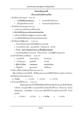 เอกสารประกอบการสอนกลุ่มสาระการเรียนรู้ภาษาไทย

                                            ตัวอย่ างข้ อสอบบทที่
                                      เรื่องระบบประโยคในภาษาไทย
1. ข้อใดเป็ นประโยคสมบูรณ์ (O-Net 49)
        1. ภาษาไทยพัฒนามาตลอดเวลา                          2. ประเทศชาติบานเมืองของเรา
                                                                                 ้
        3. เด็กหญิงตัวเล็กผิวขาวคนนั้น                     4. ทะเลสาบข้างหมู่บานเจ้าพระยา
                                                                                     ้
2. ข้อใดเป็ นประโยคสมบูรณ์ (O-NET 50)
     1. การแต่งกายตามสมัยหรื อตามแฟชันของวัยรุ่ น ่
     2. มีข่าวโรคไข้ หวัดนกระบาดในหลายจังหวัดของไทย
     3. บุคลิกภาพหรื อชื่อเสี ยงของผูพดและการยอมรับจากผูฟัง
                                             ้ ู                     ้
     4. ความเชื่อสิ่ งศักดิ์สิทธิ์ ปาฏิหาริ ย ์ ตลอดจนเรื่ องไสยศาสตร์
3. ข้อใดเป็ นประโยคไม่ สมบูรณ์ (A-Net 49)
        1. ร้านสวยรับสังทาเพชรทุกชนิดด้วยฝี มือดีและงานประณี ต
                            ่
        2. โรงแรมเบิร์ดพาราไดซ์ หรู แบบมีสไตล์ ห้องพักสะอาด บริ การดี
        3. ร้ านเอก ศูนย์ รวมวัสดุก่อสร้ างครบวงจรทีใหญ่ ทสุดในพิษณุโลก
                                                             ่    ่ี
        4. พลอยเพชรศูนย์ศลยกรรมความงาม ศัลยกรรมตกแต่ง มีแพทย์ผเู ้ ชี่ยวชาญเฉพาะทาง
                                ั
4.กลุ่มคาในข้อใดเป็ นนามวลีท้ งหมด (A-Net 49)
                                       ั
        1. นกบนต้นไม้                    วิงออกกาลังกาย
                                           ่                     ข้างหลังภาพ
        2. โรงเรี ยนของเรา               สู งเทียมฟ้ า           วิมานดิน
        3. ผู้บริหารโรงเรียน             นายกสมาคม               ทหารประจาการ
        4. ฟ้ าเพียงดิน                  สุ ดแดนสยาม             เด็กเลี้ยงแกะ
5.ในข้อความนี้มีประโยคที่สมบูรณ์กี่ประโยค(A-NET 50)
                                                                                               ่
     พิธีกระทาสัตย์สาบานต่อกษัตริ ยน้ ี เป็ นพิธีของศาสนาพราหมณ์ที่ได้เข้าไปมีบทบาทอยูในราชสานักของ
                                              ์
กษัตริ ยรัฐสังคมทาสของสมัยนครหลวง
        ์
   1. 1 ประโยค                 2. 2 ประโยค 3. 3 ประโยค                          4. 4 ประโยค
6. ข้อความต่อไปนี้มีกี่ประโยค (A-Net 49)
                   ปั จจุบนหมู่บานบ่อเหล็กน้ าพี้ได้เปิ ดพิพิธภัณฑ์ให้นกท่องเที่ยวเข้าชมการตีเหล็กซึ่ งใช้วตถุดิบ
                          ั          ้                                     ั                               ั
        ในท้องถิ่น ทางหมู่บานได้มีการรวมกลุ่มกันเปิ ดโรงทามีดเหล็กน้ าพี้โบราณ ทั้งดาบอาคม มีดหมอ
                                   ้
        มีดตัดลู กนิ มิต และมี ดใช้สอย ท่านจะหาชมการตี มีดได้ทวไปในหมู่บานบ่อเหล็กน้ าพี้ จังหวัด
                                                                             ่ั           ้
        อุตรดิตถ์
        1. 1 ประโยค 2. 2 ประโยค                            3. 3 ประโยค                 4. 4 ประโยค




                                                   หน้ า 26
 