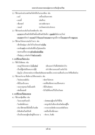 เอกสารประกอบการสอนกลุ่มสาระการเรียนรู้ภาษาไทย

2.2 ใช้ภาษาต่างประเทศโดยไม่จาเป็ นในภาษาเขียน เช่น
      - แอร์                             (เครื่ องปรับอากาศ)
      - แอนตี้                           (ต่อต้าน)
      - เซ็นเซอร์                        (ตรวจพิจารณา)
      - รถเมล์                           (รถโดยสารประจาทาง)
2.3 ใช้ภาษาต่างระดับในบริ บทเดียวกัน เช่น
      - มารดาของข้าพเจ้าเสี ยชีวตตั้งแต่ขาพเจ้ายังเล็ก ๆ คุณพ่ อจึงมีภรรยาใหม่
                                  ิ        ้
      - กระผมขอเรี ยนว่า กระผมไม่ได้เกงานเมียกระผมออกลูกเมื่อวานนี้กระผมเลยต้องหยุดงาน
2.4 ใช้ภาษาไม่เหมาะสมกับโวหาร เช่น
      - เด็กน้อยค่อย ๆ เดินไปโรงเรี ยนอย่างเร่ งรีบ
      - เขาเดินเตร่ มาหาฉันทันทีที่รถไปจอดสนิท
      - เธอสวมเสื้ อบางจนดูตัวเปล่ าเล่าเปลือย
      - เรื อค่อย ๆ แล่นผ่านไปอย่างรวดเร็ว
3. การใช้ ภาษาไม่ กระจ่ าง
3.1 ใช้คาไม่ชดเจน เช่น
                  ั
      - เขาถูกไล่ออกเพราะไม่ซื่อสัตย์                    (ต้องบอกว่าไม่ซ่ื อสัตย์อย่างไร)
      - เรื่ องนี้ผแต่งมีจินตนาการที่ดี
                    ู้                                   (คาว่าดีความหมายก้วางเกินไป)
      - มีอะไร ๆ อีกหลายประการที่เธอยังเขียนคลาดเคลื่อน จากความเป็ นจริ ง (ควรให้ขอเท็จจริ ง)
                                                                                           ้
3.2 ใช้ภาษากากวม คือตีความได้หลายอย่าง เช่น
      - ไหล่เขาลาดดีจริ ง                        - พ่อตาไม่สบาย
      - ที่นี่รับแก้กางเกง                       - คนที่จบเชือกควรจะเป็ นคนสาว
                                                            ั
      - รถบรรทุกของไปตั้งแต่เช้า                 - ที่นี่รับอัดพระ
      - พ่อเลี้ยงเธอดี                           - ถึงไม่มีที่นอนก็ไม่ร้อนใจเลย
4. การใช้ ภาษาไม่ สละสลวย
4.1 ใช้ภาษาฟุ่ มเฟื อย เช่น
      - ในอนาคตข้างหน้า                            - นาศพของผูตายไปไว้ที่วด
                                                                   ้            ั
      - ในอดีตที่ผานมา ่                           - เขาถูกจับในข้อหาลักทรัพย์ของผูอื่น  ้
      - ประวัติศาสตร์ ที่เกิดขึ้นในอดีต            - การจราจรติดขัด ถนนแออัดด้วยรถ
      - มีสัมพันธไมตรี อนดี  ั                     - ผลสื บเนื่องที่ตามมา
      - บ้านเรื อนของผูคนมีอยูเ่ ป็ นระยะ ๆ - ทาการ, รับฟัง
                           ้




                                               หน้ า 30
 