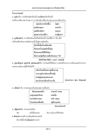 เอกสารประกอบการสอนกลุ่มสาระการเรียนรู้ภาษาไทย

โวหารภาพพจน์
1. อุปมา คือ การเปรี ยบเทียบสิ่ งหนึ่งว่าเหมือนกับอีกสิ่ งหนึ่ง
(เหมือน เสมือน ดุจ ประดุจ ราว ราวกับ เพียง เพี้ยง พ่าง ปูน กล เฉก คล้าย อย่าง)
                                     คุณแม่ หนาหนักเพียง  ้         พสุ ธา
                                 คุณบิดรดุจอา-                      กาศกว้าง
                                 คุณพีพ่างศิขรา
                                         ่                          เมรุ มาศ
                                 คุณพระอาจารย์ อ้าง                 อาจสู้ สาคร
2. อุปลักษณ์ คือ การเปรี ยบสิ่ งหนึ่งเป็ นอีกสิ่ งหนึ่ง โดยใช้คาว่า “คือ, เป็ น”
(เปรี ยบเทียบโยงความคิดอย่างหนึ่งไปสู่ ความคิดหนึ่ง)
                                 คือนาผึงคือนาตาคือยาพิษ
                                       ้ ้        ้
                                 คือหยาดนาอมฤตอันชื่ นชุ่ ม
                                             ้
                                 คือเกสรดอกไม้ คือไฟรุ ม
                                 คือความกลุ้มคือความฝันนั่นแหละ “รัก”
                                        (ไฟรักไฟลาไฟชัง : รยงค์ เวนุ รกษ์)
                                                                      ั
3. บุคลาธิษฐาน บุคคลวัต บุคคลสมมติ คือ การสมมติให้สิ่งต่าง ๆ แสดงกิริยาอาการ เหมือนมนุษย์ สามารถ
แสดงอารมณ์ความรู้สึกนึกคิดได้
                              หลังคาโบสถ์ โอดครวญเมื่อจวนผุ
                              ระแนงลุล่วงหล่ นบนพืนหญ้ า
                                                   ้
                              เสาอิฐปูนทรุ ดเซตามเวลา
                              พระประธานสั่ นหน้ าระอาใจ                (แสงธรรม : สุธน พันธุเมฆ)


4. อติพจน์ คือ การพรรณนาเกินขอบเขตความเป็ นจริ ง
                         เอียงอกเทออกอ้าง                    อวดองค์ อรเอย
                      เมรุ ชุบสมุทรดินลง                     เลขแต้ ม
                      อากาศจักจารผจง                         จารึก พอฤา
                      โฉมแม่ หยาดฟ้ าแย้ม                    อยู่ร้อนฤาเห็น
                                                                  (นิราศนรินทร์)
5. ปฏิพากย์ คือ กล่าวตรงกันข้าม                                        ธรร
       เช่น                  หน้าชื่นอกตรม                  ่
                                                   จักรวาลวุนวายไร้สาเนียง
6. สั ทพจน์ หมายถึง การเลียนเสี ยงธรรมชาติ
       เช่น บัดเดี๋ยวดังหงั่งเหง่ งวังเวงแว่ว


                                                  หน้ า 37
 