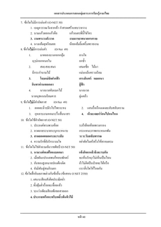 เอกสารประกอบการสอนกลุ่มสาระการเรียนรู้ภาษาไทย

7. ข้อใดไม่มีการเล่นคา (O-NET 50)
        1. เบญจวรรณวันจากเจ้า กาสรดเศร้าแทบวายวาง
        2. นามแก้วดอกแก้วคือ                 แก้วเนตรพี่น้ ีใช่ใคร
        3. งามทรงวงดังวาด                    งามมารยาทนาดกรกราย
        4. นางแย้มดุจเรี ยมยล                น้อยแย้มยิมพริ้ มพรายงาม
                                                         ้
8. ข้อใดไม่ มีการเล่นคา           (O-Net 49)
       1.          มาคลองบางกอกกลุม      ้           ลางใจ
          ฤๅบ่กอกหนอใน                               อกช้ า
       2.          สละสละสมร                         เสมอชื่อ ไม้นา
          นึกระกานามไม้                              แม่นแม้นทรวงเรี ยม
       3.          โฉมแม่ จักฝากฟ้ า                 เกรงอินทร์ หยอกนา
          อินทรท่านเทอกเอา                           สู้ ฟา้
       4.          นางนวลจับแมกไม้                   นางนวล
          นวลนุชแนบเรี ยมควร                         คู่แคล้ว
9. ข้อใดไม่ มีคาอัพภาส          (O-Net 49)
       1. ลอยละลิ่วปลิวไปไพรระหง                           2. แสงเรื่ อเรื องแดงยะยับสลับคราม
       3. กุหลาบงามหอมระรื่ นชื่นนาสา                      4. เจ้ าละเลยเร่ ร่อนไปหนไหน
10. ข้อใดใช้คาอัพภาส (O-NET 50)
        1. ประยงค์ทรงพวงห้อย                         ระย้าย้อยห้อยพวงกรอง
        2. ลวดลายระบายระบุกระหนาบ                    กระแหนะภาพกระหนกพัน
        3. สามยอดตลอดระยะระยับ                       วะวะวับสลับพรรณ
        4. ความรักที่ยงรักระบมใจ
                           ั                         อย่าตัดไมตรี ตรึ งให้ตรอมตรม
11. ข้อใดไม่ใช่คาถามเชิงวาทศิลป์ (O-NET 50)
        1. นามวงศ์ พงศ์ ใดจงบอกมา                    แจ้ งกิจจาแล้วจึงจะรบกัน
        2. เมื่อผันแปรแลพบก็หลบพักตร์                จะเห็นรักฤาไม่เห็นเป็ นไฉน
        3. อันของสู งหมายปองต้องจิต                  ถ้าไม่คิดปี นป่ ายจะได้หรื อ
        4. ยังมิทนสู่ สมภิรมยา
                    ั                                เวราสิ่ งใดให้ไกลกัน
12. ข้อใดสื่ อจินตภาพต่างกับข้ออื่น (ข้อสอบ O NET 2550)
        1. เสนาะเสี ยงสังคีตประณี ตฉ่ า
        2. ทั้งทุมต่าเรื่ อยจะเจื้อยแจ้ว
                 ้
        3. วะแว่วเพียงเสี ยงพ้อซอสายเอก
        4. ประกายพรึกกะพริบพลิวพ้นทิวไม้
                                       ้



                                                   หน้ า 41
 
