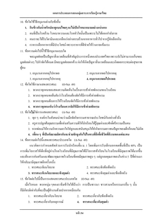 เอกสารประกอบการสอนกลุ่มสาระการเรียนรู้ภาษาไทย

10. ข้อใดใช้วธีอนุมานต่างกับข้ออื่น
                 ิ
     1. กินข้ าวกับนาพริกปลาทูแบบไทยๆ จะไม่ เป็ นโรคมากมายอย่ างแน่ นอน
                       ้
     2. คนที่เป็ นโรคอ้วน โรคเบาหวานและโรคหัวใจนั้นเป็ นเพราะไม่ได้ออกกาลังกาย
     3. คนเราจะได้รับวิตามินและเกลือแร่ อย่างครบถ้วนจากอาหารทัวไป หากรู ้จกเลือกกิน
                                                                        ่           ั
     4. เราควรเลือกอาหารที่มีประโยชน์ เพราะอาหารที่ดีช่วยให้ร่างกายแข็งแรง
11. ข้อความต่อไปนี้ใช้วธีอนุมานแบบใด
                            ิ
          ขยะมูลฝอยเป็ นปั ญหาสิ่ งแวดล้อมที่สาคัญประการหนึ่ งของประเทศไทย เพราะยังไม่สามารถเก็บขยะ
มูลฝอยต่างๆ ไปกาจัดได้หมด มีขยะมูลฝอยตกค้าง ก่อให้เกิดปั ญหาสิ่ งแวดล้อมและเกิดผลกระทบต่อสุ ขภาพ
ผูคน
  ้
          1. อนุมานจากเหตุไปหาผล                              2. อนุมานจากผลไปหาเหตุ
          3. อนุมานจากเหตุไปหาเหตุ                            4. อนุมานจากผลไปหาผล
12. ข้อใดใช้ภาษาแสดงทรรศนะ (O-Net 49)
         1. พวกเราทุกคนขอแสดงความคิดเห็นในเรื่ องการเข้าค่ายพักแรมของโรงเรี ยน
         2. พวกเราทุกคนขอยืนยันว่าโรงเรี ยนต้องจัดให้มีการเข้าค่ายพักแรม
         3. พวกเราทุกคนต้องการให้โรงเรี ยนจัดให้มีการเข้าค่ายพักแรม
         4. พวกเราทุกคนเห็นว่ าโรงเรียนควรจัดให้ มีการเข้ าค่ ายพักแรม
13. ข้อใดไม่ ใช่การแสดงทรรศนะ (A-Net 49)
                                                                                ั
         1. ทุก ๆ องค์กรในสังคมน่าจะร่ วมมือจัดกิจกรรมสาธารณประโยชน์กนอย่างทัวถึง         ่
         2. ครู ควรปลูกฝังคุณธรรมเพื่อส่ งเสริ มความดีให้นกเรี ยนได้รู้คุณค่าและศักดิ์ศรี ความเป็ นคน
                                                            ั
         3. หากพ่อแม่ให้ความรักความเอาใจใส่ ลูกและสนับสนุนให้ทากิจกรรมเยาวชนปั ญหาของเด็กก็คงจะไม่เกิด
         4. เพือน ๆ ทีเ่ ป็ นกัลยาณมิตรกันจะช่ วยชั กจูงกันไปในทางทีดเี พือชี วตทีดีงามของแต่ ละคน
               ่                                                       ่ ่ ิ ่
14. ข้อความต่อไปนี้แสดงทรรศนะประเภทใด (A-Net 49)
          แนวคิดการกาหนดสัดส่ วนการรับนักเรี ยนชั้น ม. 1 โดยเพิ่มการรับเด็กนอกเขตพื้นที่เป็ น 40% เป็ น
การเพิ่มโอกาสให้เด็กที่อยูห่างไกลโรงเรี ยนที่มีคุณภาพได้มีโอกาสเข้าเรี ยนในโรงเรี ยนที่มีคุณภาพได้มากขึ้น
                                ่
และต้องการส่ งเสริ มและพัฒนาคุณภาพโรงเรี ยนที่เคยมีคุณภาพสู ง ๆ แต่ถูกลดคุณภาพลงในช่วง 5 ปี ที่ผานมา  ่
ให้กลับมามีคุณภาพอีกครั้งหนึ่ง
         1. ทรรศนะเชิงนโยบาย                                  2. ทรรศนะเชิงข้อเท็จจริ ง
         3. ทรรศนะเชิ งนโยบายและเชิ งคุณค่ า                  4. ทรรศนะเชิงคุณค่าและข้อเท็จจริ ง
15. ข้อใดต่อไปนี้เป็ นการแสดงทรรศนะประเภทใด (O-Net 49)
     เมื่อไรหนอ พวกหนุ่ม ๆของเราจึงเข้าใจได้บางว่า การเป็ นชาวนา ชาวสวนหรื อกรรมกรอื่น ๆ นั้น
                                                    ้
ก็มีเกียรติเท่ากับที่จะเป็ นผูทางานด้วยปากกาเหมือนกัน
                              ้
         1. ทรรศนะเกี่ยวกับนโยบาย                     2. ทรรศนะเกี่ยวกับข้อเท็จจริ ง
         3. ทรรศนะเกี่ยวกับเหตุการณ์                  4. ทรรศนะเกียวกับคุณค่ า
                                                                     ่

                                               หน้ า 54
 