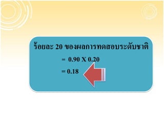 ร้ อยละ 20 ของผลการทดสอบระดับชาติ
        = 0.90 X 0.20
        = 0.18
 