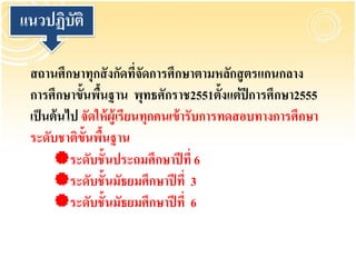 แนวปฏิบัติ

 สถานศึกษาทุกสั งกัดทีจดการศึกษาตามหลักสู ตรแกนกลาง
                             ่ั
 การศึกษาขั้นพืนฐาน พุทธศักราช2551ตั้งแต่ ปีการศึกษา2555
                 ้
 เป็ นต้ นไป จัดให้ ผ้ ูเรียนทุกคนเข้ ารับการทดสอบทางการศึกษา
 ระดับชาติข้นพืนฐาน
              ั ้
       ระดับชั้นประถมศึกษาปี ที่ 6
       ระดับชั้นมัธยมศึกษาปี ที่ 3
       ระดับชั้นมัธยมศึกษาปี ที่ 6
 