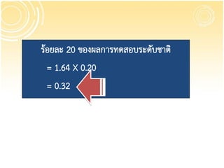 ร้อยละ 20 ของผลการทดสอบระดับชาติ
  = 1.64 X 0.20
  = 0.32
 