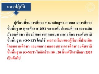 แนวปฏิบัติ

      ผู้ เ รี ย นที่ จ บการศึ ก ษา ตามหลั ก สู ต รแกนกลางการศึ ก ษา
ขั้นพืนฐาน พุทธศักราช 2551 ของระดับประถมศึกษา และระดับ
      ้
มั ธ ยมศึ ก ษา ต้ อ งมี ผ ลการทดสอบทางการศึ ก ษาระดั บ ชาติ
ขั้นพืนฐาน (O-NET) โดยใช้ ผลการเรี ยนของผู้เรี ยนที่ประเมิน
          ้
โดยสถานศึ ก ษา และผลการทดสอบทางการศึ ก ษาระดั บ ชาติ
ขั้นพืนฐาน (O-NET) ในสั ดส่ วน 80 : 20 ตั้งแต่ ปีการศึกษา 2555
        ้
เป็ นต้ นไป
 
