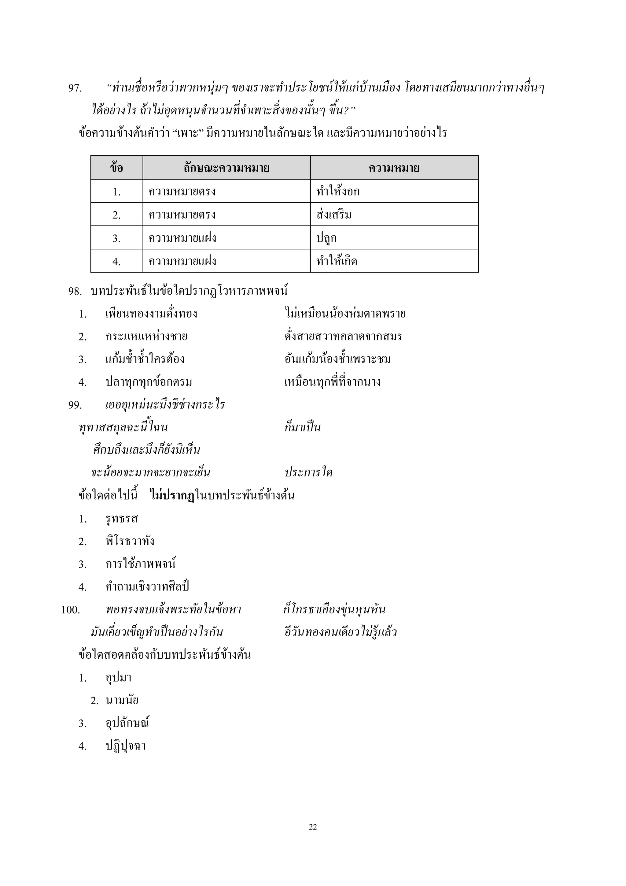 22
97. “ท่านเชื่อหรือว่าพวกหนุ่มๆ ของเราจะทําประโยชน์ให้แก่บ้านเมือง โดยทางเสมียนมากกว่าทางอื่นๆ
ได้อย่างไร ถ้าไม่อุดหนุนจํานวนที่จําเพาะสิ่งของนั้นๆ ขึ้น?”
ข้อความข้างต้นคําว่า “เพาะ” มีความหมายในลักษณะใด และมีความหมายว่าอย่างไร
ข้อ ลักษณะความหมาย ความหมาย
1. ความหมายตรง ทําให้งอก
2. ความหมายตรง ส่งเสริม
3. ความหมายแฝง ปลูก
4. ความหมายแฝง ทําให้เกิด
98. บทประพันธ์ในข้อใดปรากฏโวหารภาพพจน์
1. เพียนทองงามดั่งทอง ไม่เหมือนน้องห่มตาดพราย
2. กระแหแหห่างชาย ดั่งสายสวาทคลาดจากสมร
3. แก้มชํ้าชํ้าใครต้อง อันแก้มน้องชํ้าเพราะชม
4. ปลาทุกทุกข์อกตรม เหมือนทุกพี่ที่จากนาง
99. เอออุเหม่นะมึงชิช่างกระไร
ทุทาสสถุลฉะนี้ไฉน ก็มาเป็น
ศึกบถึงและมึงก็ยังมิเห็น
จะน้อยจะมากจะยากจะเย็น ประการใด
ข้อใดต่อไปนี้ ไม่ปรากฏในบทประพันธ์ข้างต้น
1. รุทธรส
2. พิโรธวาทัง
3. การใช้ภาพพจน์
4. คําถามเชิงวาทศิลป์
100. พอทรงจบแจ้งพระทัยในข้อหา ก็โกรธาเคืองขุ่นหุนหัน
มันเคี่ยวเข็ญทําเป็นอย่างไรกัน อีวันทองคนเดียวไม่รู้แล้ว
ข้อใดสอดคล้องกับบทประพันธ์ข้างต้น
1. อุปมา
2. นามนัย
3. อุปลักษณ์
4. ปฏิปุจฉา
 