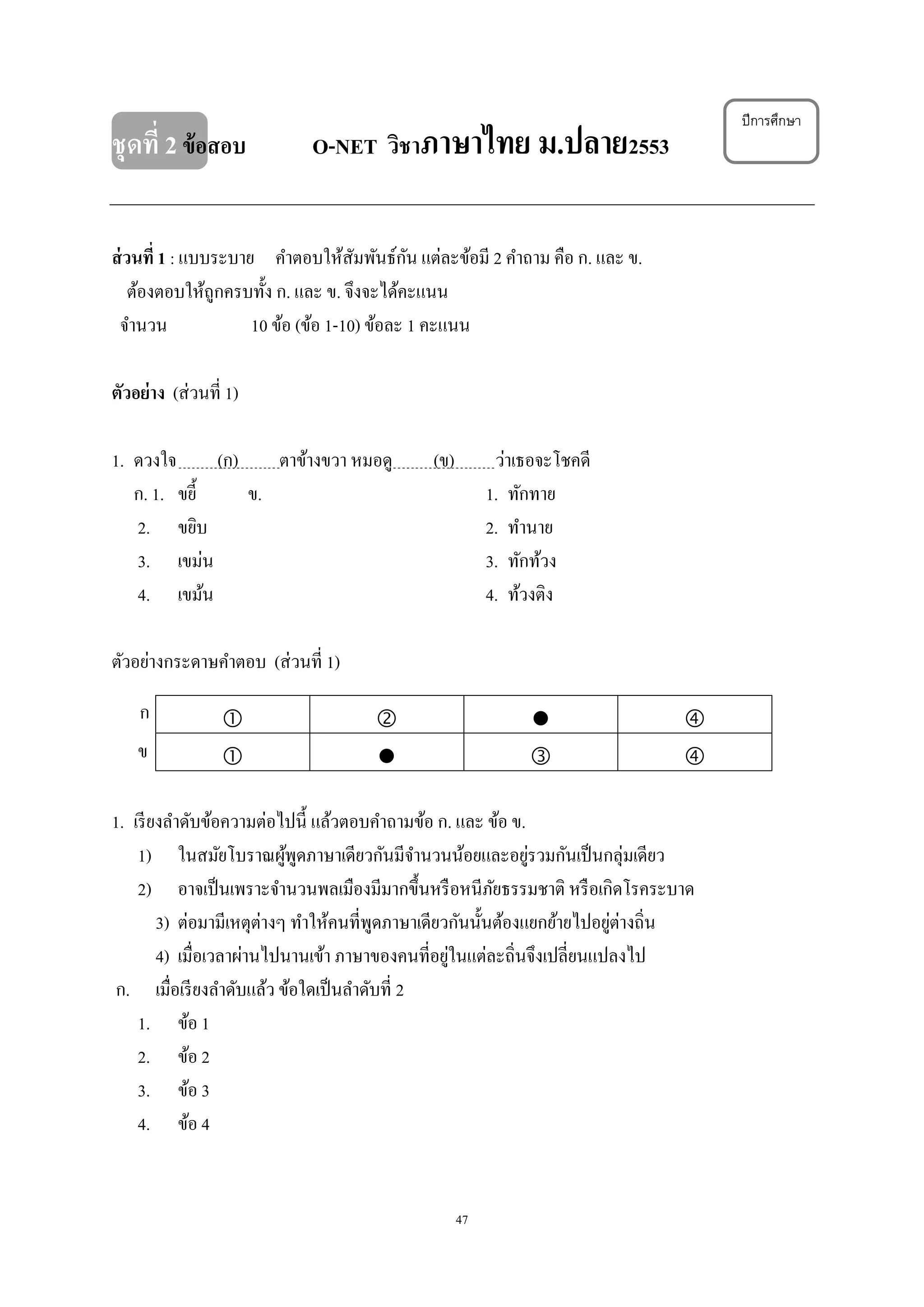47
ชุดที่ 2ข้อสอบ O-NET วิชาภาษาไทย ม.ปลาย2553
ส่วนที่ 1 : แบบระบาย คําตอบให้สัมพันธ์กัน แต่ละข้อมี 2 คําถาม คือ ก. และ ข.
ต้องตอบให้ถูกครบทั้ง ก. และ ข. จึงจะได้คะแนน
จํานวน 10 ข้อ (ข้อ 1-10) ข้อละ 1 คะแนน
ตัวอย่าง (ส่วนที่ 1)
1. ดวงใจ (ก) ตาข้างขวา หมอดู (ข) ว่าเธอจะโชคดี
ก. 1. ขยี้ ข. 1. ทักทาย
2. ขยิบ 2. ทํานาย
3. เขม่น 3. ทักท้วง
4. เขม้น 4. ท้วงติง
ตัวอย่างกระดาษคําตอบ (ส่วนที่ 1)
   
   
1. เรียงลําดับข้อความต่อไปนี้ แล้วตอบคําถามข้อ ก. และ ข้อ ข.
1) ในสมัยโบราณผู้พูดภาษาเดียวกันมีจํานวนน้อยและอยู่รวมกันเป็นกลุ่มเดียว
2) อาจเป็นเพราะจํานวนพลเมืองมีมากขึ้นหรือหนีภัยธรรมชาติ หรือเกิดโรคระบาด
3) ต่อมามีเหตุต่างๆ ทําให้คนที่พูดภาษาเดียวกันนั้นต้องแยกย้ายไปอยู่ต่างถิ่น
4) เมื่อเวลาผ่านไปนานเข้า ภาษาของคนที่อยู่ในแต่ละถิ่นจึงเปลี่ยนแปลงไป
ก. เมื่อเรียงลําดับแล้ว ข้อใดเป็นลําดับที่ 2
1. ข้อ 1
2. ข้อ 2
3. ข้อ 3
4. ข้อ 4
ปีการศึกษา
ก
ข
 