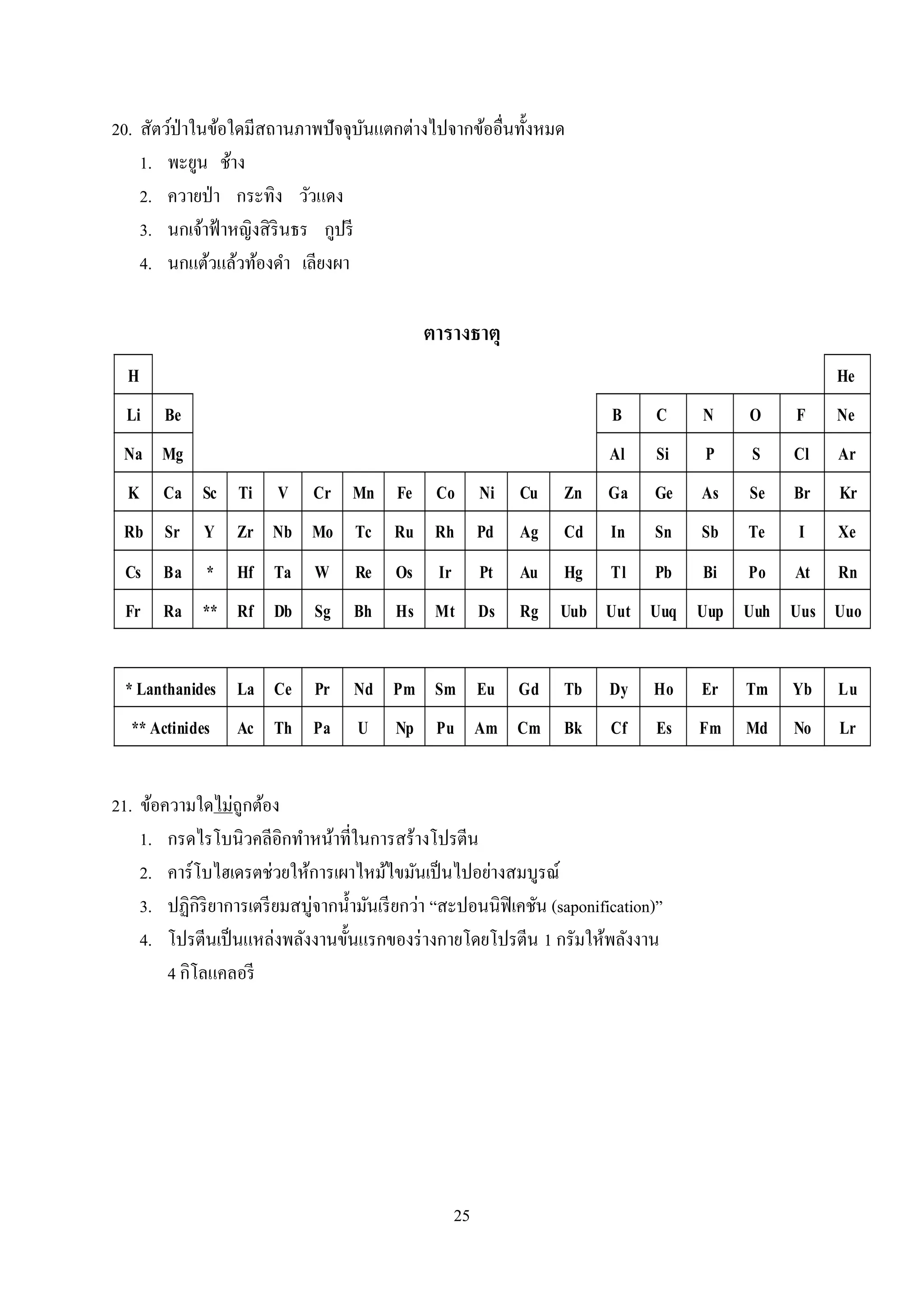 25
20. สัตว์ป่าในข้อใดมีสถานภาพปัจจุบันแตกต่างไปจากข้ออื่นทั้งหมด
1. พะยูน ช้าง
2. ควายป่า กระทิง วัวแดง
3. นกเจ้าฟ้าหญิงสิรินธร กูปรี
4. นกแต้วแล้วท้องดา เลียงผา
ตารางธาตุ
H He
Li Be B C N O F Ne
Na Mg Al Si P S Cl Ar
K Ca Sc Ti V Cr Mn Fe Co Ni Cu Zn Ga Ge As Se Br Kr
Rb Sr Y Zr Nb Mo Tc Ru Rh Pd Ag Cd In Sn Sb Te I Xe
Cs Ba * Hf Ta W Re Os Ir Pt Au Hg Tl Pb Bi Po At Rn
Fr Ra ** Rf Db Sg Bh Hs Mt Ds Rg Uub Uut Uuq Uup Uuh Uus Uuo
*Lanthanides La Ce Pr Nd Pm Sm Eu Gd Tb Dy Ho Er Tm Yb Lu
**Actinides Ac Th Pa U Np Pu Am Cm Bk Cf Es Fm Md No Lr
21. ข้อความใดไม่ถูกต้อง
1. กรดไรโบนิวคลีอิกทาหน้าที่ในการสร้างโปรตีน
2. คาร์โบไฮเดรตช่วยให้การเผาไหม้ไขมันเป็นไปอย่างสมบูรณ์
3. ปฏิกิริยาการเตรียมสบู่จากน้ามันเรียกว่า “สะปอนนิฟิเคชัน (saponification)”
4. โปรตีนเป็นแหล่งพลังงานขั้นแรกของร่างกายโดยโปรตีน 1 กรัมให้พลังงาน
4 กิโลแคลอรี
 