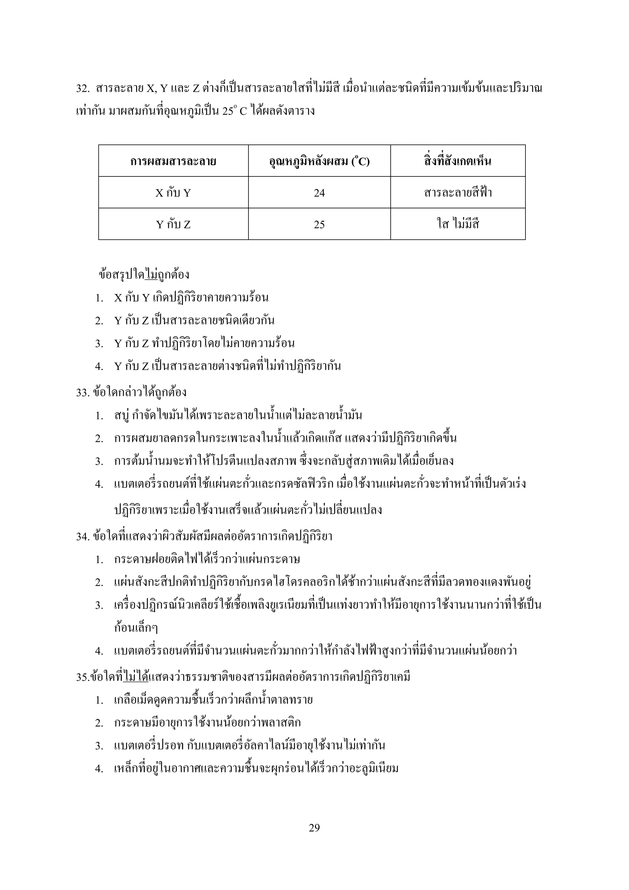 29
32. สารละลาย X, Y และ Z ต่างก็เป็นสารละลายใสที่ไม่มีสี เมื่อนาแต่ละชนิดที่มีความเข้มข้นและปริมาณ
เท่ากัน มาผสมกันที่อุณหภูมิเป็น 25o
C ได้ผลดังตาราง
การผสมสารละลาย อุณหภูมิหลังผสม (o
C) สิ่งที่สังเกตเห็น
X กับ Y 24 สารละลายสีฟ้า
Y กับ Z 25 ใส ไม่มีสี
ข้อสรุปใดไม่ถูกต้อง
1. X กับ Y เกิดปฏิกิริยาคายความร้อน
2. Y กับ Z เป็นสารละลายชนิดเดียวกัน
3. Y กับ Z ทาปฏิกิริยาโดยไม่คายความร้อน
4. Y กับ Z เป็นสารละลายต่างชนิดที่ไม่ทาปฏิกิริยากัน
33. ข้อใดกล่าวได้ถูกต้อง
1. สบู่ กาจัดไขมันได้เพราะละลายในน้าแต่ไม่ละลายน้ามัน
2. การผสมยาลดกรดในกระเพาะลงในน้าแล้วเกิดแก๊ส แสดงว่ามีปฏิกิริยาเกิดขึ้น
3. การต้มน้านมจะทาให้โปรตีนแปลงสภาพ ซึ่งจะกลับสู่สภาพเดิมได้เมื่อเย็นลง
4. แบตเตอรี่รถยนต์ที่ใช้แผ่นตะกั่วและกรดซัลฟิวริก เมื่อใช้งานแผ่นตะกั่วจะทาหน้าที่เป็นตัวเร่ง
ปฏิกิริยาเพราะเมื่อใช้งานเสร็จแล้วแผ่นตะกั่วไม่เปลี่ยนแปลง
34. ข้อใดที่แสดงว่าผิวสัมผัสมีผลต่ออัตราการเกิดปฏิกิริยา
1. กระดาษฝอยติดไฟได้เร็วกว่าแผ่นกระดาษ
2. แผ่นสังกะสีปกติทาปฏิกิริยากับกรดไฮโดรคลอริกได้ช้ากว่าแผ่นสังกะสีที่มีลวดทองแดงพันอยู่
3. เครื่องปฏิกรณ์นิวเคลียร์ใช้เชื้อเพลิงยูเรเนียมที่เป็นแท่งยาวทาให้มีอายุการใช้งานนานกว่าที่ใช้เป็น
ก้อนเล็กๆ
4. แบตเตอรี่รถยนต์ที่มีจานวนแผ่นตะกั่วมากกว่าให้กาลังไฟฟ้าสูงกว่าที่มีจานวนแผ่นน้อยกว่า
35.ข้อใดที่ไม่ได้แสดงว่าธรรมชาติของสารมีผลต่ออัตราการเกิดปฏิกิริยาเคมี
1. เกลือเม็ดดูดความชื้นเร็วกว่าผลึกน้าตาลทราย
2. กระดาษมีอายุการใช้งานน้อยกว่าพลาสติก
3. แบตเตอรี่ปรอท กับแบตเตอรี่อัลคาไลน์มีอายุใช้งานไม่เท่ากัน
4. เหล็กที่อยู่ในอากาศและความชื้นจะผุกร่อนได้เร็วกว่าอะลูมิเนียม
 