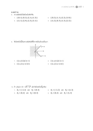 ความสัมพันธ์ และฟั งก์ชน
ั
O-NET 54

8. ความสัมพันธ์ในข้ อใดเป็ นฟั งก์ชน
ั
1. { (0, 1), (0, 2), (2, 1), (1, 3) }
3. { (1, 1), (2, 0), (2, 3), (3, 1) }

2.
4.

{ (0, 2), (1, 1), (2, 2), (3, 0) }
{ (1, 2), (0, 3), (1, 3), (2, 2) }

9. ข้ อใดต่อไปนีเป็ นความสัมพันธ์ทมีกราฟเป็ นบริ เวณทีแรเงา
ี
‫ݔ=ݕ‬
0

1.
3.

10. ถ้ า
1.
3.

1

‫ݔ− = ݕ‬

{ (‫} ݔ ≥ |ݕ| | )ݕ ,ݔ‬

2.
4.

{ (‫} |ݔ| ≥ ݕ | )ݕ ,ݔ‬

݂(‫ ݔ − 4√ − 3 = )ݔ‬ଶ
‫ܦ‬௙ = [−2, 2]
‫ܦ‬௙ = [0, 2]

{ (‫} ݔ ≤ |ݕ| | )ݕ ,ݔ‬

2.
4.

‫ܦ‬௙ = [−2, 2]

แล้ ว ข้ อใดต่อไปนีถูกต้ อง

และ ܴ௙ = [0, 3]
และ ܴ௙ = [0, 3]

{ (‫} |ݔ| ≤ ݕ | )ݕ ,ݔ‬

‫ܦ‬௙ = [0, 2]

และ ܴ௙ = [1, 3]
และ ܴ௙ = [1, 3]

1

 