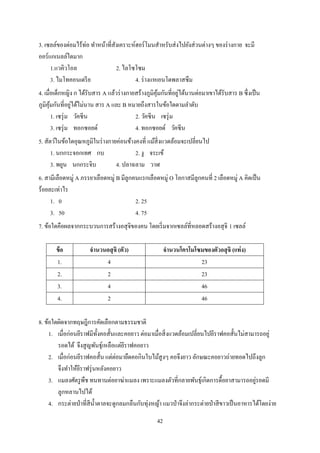 42
3. เซลล์ของต่อมไร้ท่อ ทาหน้าที่สังเคราะห์ฮอร์โมนสาหรับส่งไปยังส่วนต่างๆ ของร่างกาย จะมี
ออร์แกเนลล์ใดมาก
1.แวคิวโอล 2. ไลโซโซม
3. ไมโทคอนเดรีย 4. ร่างแหเอนโดพลาสซึม
4. เมื่อเด็กหญิง ก ได้รับสาร A แล้วร่างกายสร้างภูมิคุ้มกันที่อยู่ได้นานต่อมาเขาได้รับสาร B ซึ่งเป็น
ภูมิคุ้มกันที่อยู่ได้ไม่นาน สาร A และ B หมายถึงสารในข้อใดตามลาดับ
1. เซรุ่ม วัคซีน 2. วัคซีน เซรุ่ม
3. เซรุ่ม ทอกซอยด์ 4. ทอกซอยด์ วัคซีน
5. สัตว์ในข้อใดอุณหภูมิในร่างกายค่อนข้างคงที่ แม้สิ่งแวดล้อมจะเปลี่ยนไป
1. นกกระจอกเทศ กบ 2. งู จระเข้
3. พยูน นกกระจิบ 4. ปลาฉลาม วาฬ
6. สามีเลือดหมู่ A ภรรยาเลือดหมู่ B มีลูกคนแรกเลือดหมู่ O โอกาสมีลูกคนที่ 2 เลือดหมู่ A คิดเป็น
ร้อยละเท่าไร
1. 0 2. 25
3. 50 4. 75
7. ข้อใดคือผลจากกระบวนการสร้างอสุจิของคน โดยเริ่มจากเซลล์ที่หลอดสร้างอสุจิ 1 เซลล์
ข้อ จานวนอสุจิ (ตัว) จานวนโครโมโซมของตัวอสุจิ (แท่ง)
1. 4 23
2. 2 23
3. 4 46
4. 2 46
8. ข้อใดผิดจากทฤษฎีการคัดเลือกตามธรรมชาติ
1. เมื่อก่อนยีราฟมีทั้งคอสั้นและคอยาว ต่อมาเมื่อสิ่งแวดล้อมเปลี่ยนไปยีราฟคอสั้นไม่สามารถอยู่
รอดได้ จึงสูญพันธุ์เหลือแต่ยีราฟคอยาว
2. เมื่อก่อนยีราฟคอสั้น แต่ต่อมายืดคอกินใบไม้สูงๆ คอจึงยาว ลักษณะคอยาวถ่ายทอดไปถึงลูก
จึงทาให้ยีราฟรุ่นหลังคอยาว
3. แมลงศัตรูพืช ทนทานต่อยาฆ่าแมลง เพราะแมลงตัวที่กลายพันธุ์เกิดการดื้อยาสามารถอยู่รอดมี
ลูกหลานไปได้
4. กระต่ายป่าที่สีน้าตาลจะดูกลมกลืนกับทุ่งหญ้า แมวป่าจึงล่ากระต่ายป่าสีขาวเป็นอาหารได้โดยง่าย
 