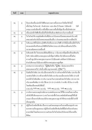70
ข้อที่ เฉลย เหตุผลประกอบ
84. 2 เรียงระดับคลื่นแม่เหล็กไฟฟ้าตามความยาวคลื่นจากมากไปน้อยได้ดังนี้
คลื่นวิทยุ>ไมโครเวฟ > อินฟราเรด >แสง>อัตราไวโอเลต> รังสีเอกซ์> รังสี
แกมมา จากตัวเลือกทั้ง 4 คลื่นที่มีความยาวคลื่นสั้นที่สุด คือ คลื่นอินฟราเรด
85. 2 คลื่นแม่เหล็กไฟฟ้าเป็นคลื่นที่ไม่จาเป็นต้องอาศัยตัวกลางในการเคลื่อนที่
86. 1 ไอโซโทป คือ ธาตุชนิดเดียวกันที่มีจานวนโปรตอนหรือเลขอะตอมเท่ากัน แต่มี
เลขมวลต่างกัน ดังนั้นเลขอะตอมจะต้องเป็น 5 ส่วนเลขมวลจะมีการเปลี่ยนไป
87. 3 รังสีแกมมาสีที่ไม่มีประจุไฟฟ้าหรือเป็นกลางทางไฟฟ้า ทาให้เมื่อเคลื่อนที่เข้าไปใน
สนามแม่เหล็กหรือสนามไฟฟ้าจึงไม่เกิดการเบน กล่าวคือจะเคลื่อนผ่านไปใน
แนวทางเดิมของการเคลื่อนที่
88. 2 รังสีแอลฟา คือ ไอออนของฮีเลียมที่มีประจุ +2 มีมวลมากที่สุดเมื่อเปรียบเทียบกับ
รังสี 2 ชนิด แต่มีอานาจทะลุทะลวงต่าที่สุด รังสีบีตา คือ อิเล็กตรอนที่วิ่งด้วย
ความเร็วสูง มีอานาจทะลุทะลวงมากกว่ารังสีแอลฟา แต่น้อยกว่ารังสีแกมมา
ส่วนรังสีแกมมาไม่มีมวล แต่มีอานาจทะลุทะลวงสูงที่สุด
89. 3 จากสมการการสลายตัวจาก Ra88
226
ไปเป็น Rn86
222
มีเลขมวลหายไป 4
เลขอะตอมหายไป 2 ดังนั้น xคือ อนุภาคแอลฟา ( He+2
2
4
)
90. 2 เริ่มต้นมีไอโอดีน 256 กรัม เมื่อเวลาผ่านไป 25 นาที จะเหลือไอโอดีน 128 กรัม เมื่อ
เวลาผ่านไปอีก 25 นาที จะเหลือไอโอดีน 64 กรัม และเมื่อเวลาผ่านไปอีก 25 นาที
จะเหลือไอโอดีนเพียง 32 กรัม รวมเวลาในการสลายตัวของไอโอดีน-128 จาก 256
กรัม จนเหลือเพียง 32 กรัม ใช้เวลา 25+25+25 เท่ากับ 75 นาที(1 ชั่วโมง 15 นาที)
โดยเขียนเป็นแผนผังได้ดังนี้
I 256 กรัม 25 นาที
I 128 กรัม 25 นาที
I 64 กรัม 25 นาที
I 32 กรัม
91. 3 การทาความสะอาดอุปกรณ์ทางการแพทย์นอกจากจะใช้วิธีการอบด้วยความร้อน
แล้วยังใช้รังสีแกมมาจาก Co-60 ในการฆ่าเชื้อโรคบางชนิดอีกด้วยเหตุที่ใช้รังสี
แกมมา เนื่องจากรังสีแกมมามีอานาจทะลุทะลวงสูง ทาให้สามารถฆ่าเชื้อโรคได้
เกือบทุกชนิด
92. 3 ปฏิกิริยานิวเคลียร์ฟิวชัน เป็นการรวมตัวของธาตุเบาแล้วกลายเป็นธาตุหนัก และ
จะคายความร้อนสูงออกมา ปฏิกิริยานิวเคลียร์ฟิวชันเกิดที่พื้นผิวหรือภายในของ
ดวงอาทิตย์โดยเกิดจากกการรวมตัวของไอโซโทปของไฮโดรเจนให้กลายเป็น
ฮีเลียม
 