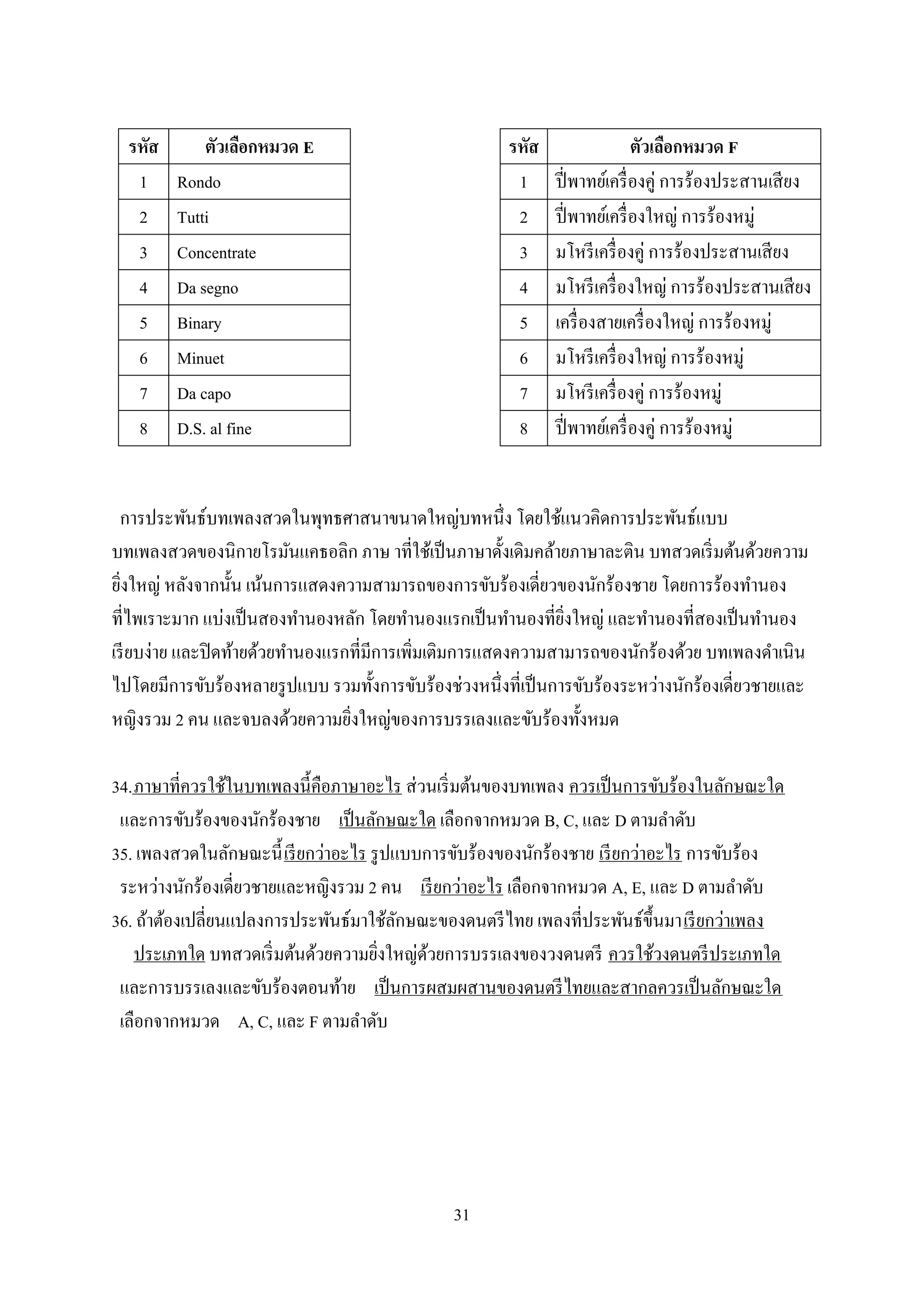 31
การประพันธ์บทเพลงสวดในพุทธศาสนาขนาดใหญ่บทหนึ่ง โดยใช้แนวคิดการประพันธ์แบบ
บทเพลงสวดของนิกายโรมันแคธอลิก ภาษ าที่ใช้เป็นภาษาดั้งเดิมคล้ายภาษาละติน บทสวดเริ่มต้นด้วยความ
ยิ่งใหญ่ หลังจากนั้น เน้นการแสดงความสามารถของการขับร้องเดี่ยวของนักร้องชาย โดยการร้องทานอง
ที่ไพเราะมาก แบ่งเป็นสองทานองหลัก โดยทานองแรกเป็นทานองที่ยิ่งใหญ่ และทานองที่สองเป็นทานอง
เรียบง่าย และปิดท้ายด้วยทานองแรกที่มีการเพิ่มเติมการแสดงความสามารถของนักร้องด้วย บทเพลงดาเนิน
ไปโดยมีการขับร้องหลายรูปแบบ รวมทั้งการขับร้องช่วงหนึ่งที่เป็นการขับร้องระหว่างนักร้องเดี่ยวชายและ
หญิงรวม 2 คน และจบลงด้วยความยิ่งใหญ่ของการบรรเลงและขับร้องทั้งหมด
34.ภาษาที่ควรใช้ในบทเพลงนี้คือภาษาอะไร ส่วนเริ่มต้นของบทเพลง ควรเป็นการขับร้องในลักษณะใด
และการขับร้องของนักร้องชาย เป็นลักษณะใด เลือกจากหมวด B, C, และ D ตามลาดับ
35. เพลงสวดในลักษณะนี้เรียกว่าอะไร รูปแบบการขับร้องของนักร้องชาย เรียกว่าอะไร การขับร้อง
ระหว่างนักร้องเดี่ยวชายและหญิงรวม 2 คน เรียกว่าอะไร เลือกจากหมวด A, E, และ D ตามลาดับ
36. ถ้าต้องเปลี่ยนแปลงการประพันธ์มาใช้ลักษณะของดนตรีไทย เพลงที่ประพันธ์ขึ้นมาเรียกว่าเพลง
ประเภทใด บทสวดเริ่มต้นด้วยความยิ่งใหญ่ด้วยการบรรเลงของวงดนตรี ควรใช้วงดนตรีประเภทใด
และการบรรเลงและขับร้องตอนท้าย เป็นการผสมผสานของดนตรีไทยและสากลควรเป็นลักษณะใด
เลือกจากหมวด A, C, และ F ตามลาดับ
รหัส ตัวเลือกหมวด F
1 ปี่พาทย์เครื่องคู่ การร้องประสานเสียง
2 ปี่พาทย์เครื่องใหญ่ การร้องหมู่
3 มโหรีเครื่องคู่ การร้องประสานเสียง
4 มโหรีเครื่องใหญ่ การร้องประสานเสียง
5 เครื่องสายเครื่องใหญ่ การร้องหมู่
6 มโหรีเครื่องใหญ่ การร้องหมู่
7 มโหรีเครื่องคู่ การร้องหมู่
8 ปี่พาทย์เครื่องคู่ การร้องหมู่
รหัส ตัวเลือกหมวด E
1 Rondo
2 Tutti
3 Concentrate
4 Da segno
5 Binary
6 Minuet
7 Da capo
8 D.S. al fine
 