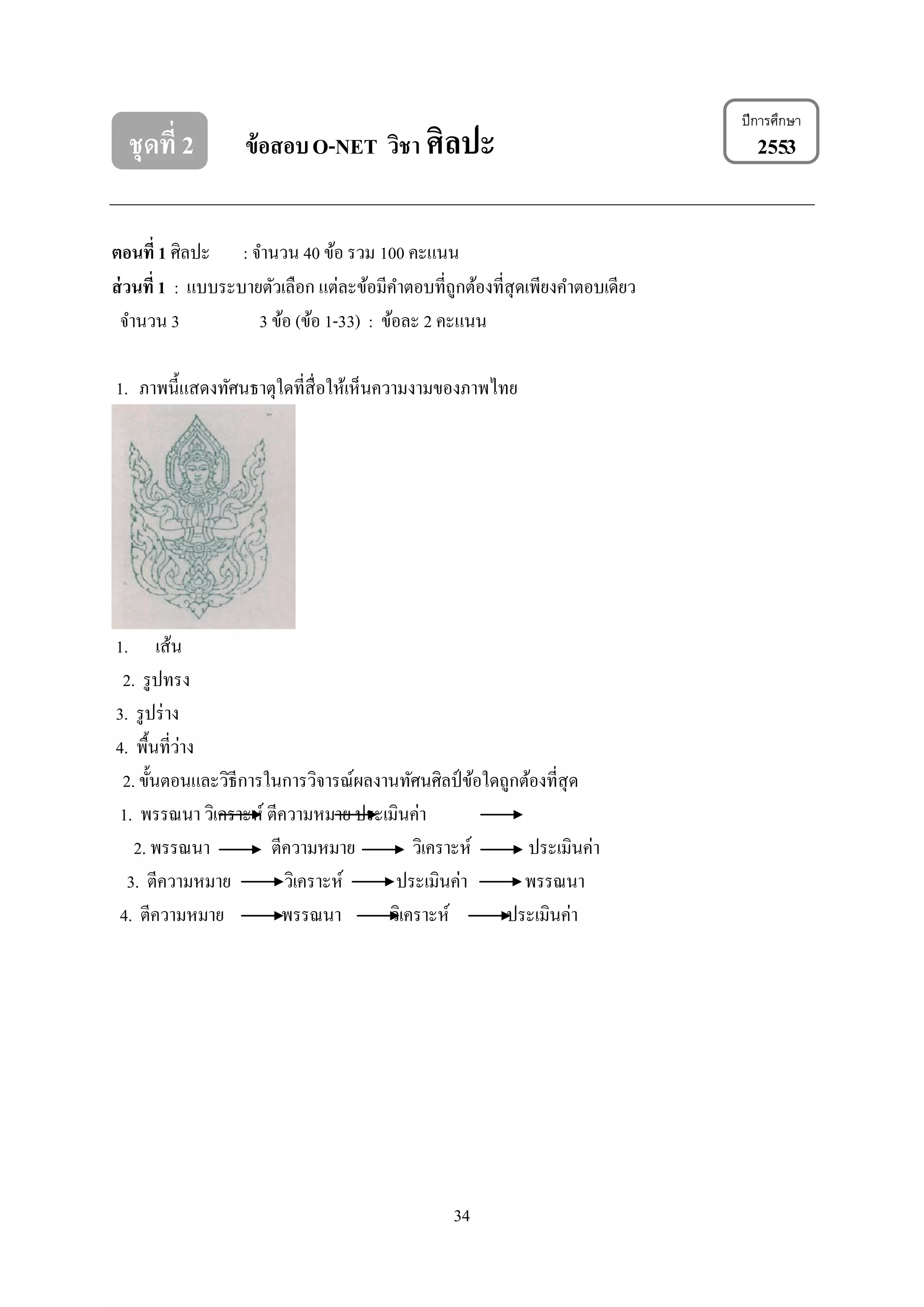 34
ชุดที่ 2 ข้อสอบO-NET วิชา ศิลปะ 2553
ตอนที่ 1 ศิลปะ : จานวน 40 ข้อ รวม 100 คะแนน
ส่วนที่ 1 : แบบระบายตัวเลือก แต่ละข้อมีคาตอบที่ถูกต้องที่สุดเพียงคาตอบเดียว
จานวน 3 3 ข้อ (ข้อ 1-33) : ข้อละ 2 คะแนน
1. ภาพนี้แสดงทัศนธาตุใดที่สื่อให้เห็นความงามของภาพไทย
1. เส้น
2. รูปทรง
3. รูปร่าง
4. พื้นที่ว่าง
2. ขั้นตอนและวิธีการในการวิจารณ์ผลงานทัศนศิลป์ ข้อใดถูกต้องที่สุด
1. พรรณนา วิเคราะห์ ตีความหมาย ประเมินค่า
2. พรรณนา ตีความหมาย วิเคราะห์ ประเมินค่า
3. ตีความหมาย วิเคราะห์ ประเมินค่า พรรณนา
4. ตีความหมาย พรรณนา วิเคราะห์ ประเมินค่า
ปีการศึกษา
 
