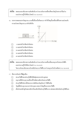 ตัวชี้วัด ทดลองและอธิบำยควำมสัมพันธ์ระหว่ำงแรงกับกำรเคลื่อนที่ของวัตถุในสนำมโน้มถ่วง
และนำควำมรู้ไปใช้ประโยชน์ (ว 4.1 ม.4-6/1)
16. จำกกำรทดลองลำกวัตถุมวล m บนพื้นลื่นหนึ่งด้วยแรง F ทำให้วัตถุนั้นเคลื่อนที่ด้วยควำมเร่งคงตัว
ควำมเร่งของวัตถุมวล m เท่ำกับข้อใด
1 0 เมตรต่อวินำทียกกำลังสอง
2 10 เมตรต่อวินำทียกกำลังสอง
3 20 เมตรต่อวินำทียกกำลังสอง
4 30 เมตรต่อวินำทียกกำลังสอง
5 40 เมตรต่อวินำทียกกำลังสอง
ตัวชี้วัด ทดลองและอธิบำยควำมสัมพันธ์ระหว่ำงแรงกับกำรเคลื่อนที่ของอนุภำคในสนำมไฟฟ้ำ
และนำควำมรู้ไปใช้ประโยชน์ (ว 4.1 ม.4-6/2)
วิเครำะห์และอธิบำยแรงนิวเคลียร์และแรงไฟฟ้ำระหว่ำงอนุภำคในนิวเคลียส (ว 4.1 ม.4-6/4)
17. ข้อควำมใดกล่ำวไม่ถูกต้อง
1 สนำมไฟฟ้ำของประจุไฟฟ้ำมีทิศพุ่งออกจำกประจุเสมอ
2 อนุภำคที่มีประจุบวกเคลื่อนที่ในทิศทำงเดียวกับสนำมไฟฟ้ำ
3 ประจุไฟฟ้ำอิสระที่เกิดจำกกำรขัดสีของวัตถุเรียกว่ำ ไฟฟ้ำสถิต
4 วัตถุที่มีประจุบวกมำกกว่ำประจุลบ แสดงว่ำวัตถุเป็นบวกทำงไฟฟ้ำ
5 เมื่อนำขนสัตว์ถูกับพลำสติก ผ้ำขนสัตว์เกิดประจุไฟฟ้ำบวก แผ่นพลำสติกเกิดประจุไฟฟ้ำลบ
 