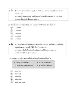 ตัวชี้วัด สังเกตและอธิบำยกำรเคลื่อนที่แบบโพรเจกไทล์ แบบวงกลม และแบบฮำร์มอนิกอย่ำงง่ำย
(ว 4.2 ม.4-6/2)
อภิปรำยผลกำรสืบค้นและประโยชน์เกี่ยวกับกำรเคลื่อนที่แบบโพรเจกไทล์ แบบวงกลม
และแบบฮำร์มอนิกอย่ำงง่ำย (ว 4.2 ม.4-6/3)
20. ถ้ำลูกตุ้มมีควำมถี่ 5 เฮิรตซ์ ใน 10 นำที ลูกตุ้มจะหมุนได้จำนวนรอบเท่ำกับข้อใด
1 50 รอบ
2 600 รอบ
3 1,000 รอบ
4 3,000 รอบ
5 5,000 รอบ
ตัวชี้วัด อธิบำยกำรเกิดคลื่นเสียง บีตส์ของเสียง ควำมเข้มเสียง ระดับควำมเข้มเสียง กำรได้ยินเสียง
คุณภำพเสียง และนำควำมรู้ไปใช้ประโยชน์ (ว 5.1 ม.4-6/2)
อภิปรำยผลกำรสืบค้นข้อมูลเกี่ยวกับมลพิษทำงเสียงที่มีต่อสุขภำพของมนุษย์
และกำรเสนอวิธีป้ องกัน (ว 5.1 ม.4-6/3)
21. มนุษย์สำมำรถรับรู้และจำแนกคลื่นเสียงที่มีควำมถี่แตกต่ำงกันได้อย่ำงไร
A. ควำมทุ้ม-แหลมของเสียง B. ควำมดัง-ค่อยของเสียง
C. ควำมชัดเจน-ไม่ชัดเจนของเสียง D. ควำมหนัก-เบำของเสียง
1 เฉพำะข้อ A
2 เฉพำะข้อ B
3 เฉพำะข้อ C
4 เฉพำะข้อ D
5 เฉพำะข้อ B และ C
 