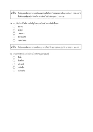ตัวชี้วัด สืบค้นและอธิบำยกำรส่งและคำนวณควำมเร็วในกำรโคจรของดำวเทียมรอบโลก (ว 7.2 ม.4-6/1)
สืบค้นและอธิบำยประโยชน์ของดำวเทียมในด้ำนต่ำง ๆ (ว 7.2 ม.4-6/2)
29. ดำวเทียมในข้อใดมีควำมสำคัญกับประเทศไทยด้ำนกำรติดต่อสื่อสำร
1 TIROS
2 THEOS
3 LANDSAT
4 THAICOM
5 EXPLORER
ตัวชี้วัด สืบค้นและอธิบำยกำรส่งและสำรวจอวกำศโดยใช้ยำนอวกำศและสถำนีอวกำศ (ว 7.2 ม.4-6/3)
30. ยำนอวกำศในข้อใดที่นำมนุษย์ไปสำรวจบนดวงจันทร์
1 ไวกิ้ง
2 โวสต็อก
3 มำรีเนอร์
4 กำลิเลโอ
5 อะพอลโล
 