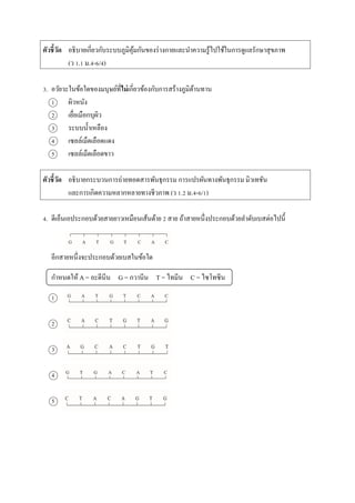 ตัวชี้วัด อธิบำยเกี่ยวกับระบบภูมิคุ้มกันของร่ำงกำยและนำควำมรู้ไปใช้ในกำรดูแลรักษำสุขภำพ
(ว 1.1 ม.4-6/4)
3. อวัยวะในข้อใดของมนุษย์ที่ไม่เกี่ยวข้องกับกำรสร้ำงภูมิต้ำนทำน
1 ผิวหนัง
2 เยื่อเมือกบุผิว
3 ระบบน้ำเหลือง
4 เซลล์เม็ดเลือดแดง
5 เซลล์เม็ดเลือดขำว
ตัวชี้วัด อธิบำยกระบวนกำรถ่ำยทอดสำรพันธุกรรม กำรแปรผันทำงพันธุกรรม มิวเทชัน
และกำรเกิดควำมหลำกหลำยทำงชีวภำพ (ว 1.2 ม.4-6/1)
4. ดีเอ็นเอประกอบด้วยสำยยำวเหมือนเส้นด้ำย 2 สำย ถ้ำสำยหนึ่งประกอบด้วยลำดับเบสต่อไปนี้
อีกสำยหนึ่งจะประกอบด้วยเบสในข้อใด
กำหนดให้ A = อะดีนีน G = กวำนีน T = ไทมีน C = ไซโทซีน
1
2
3
4
5
 
