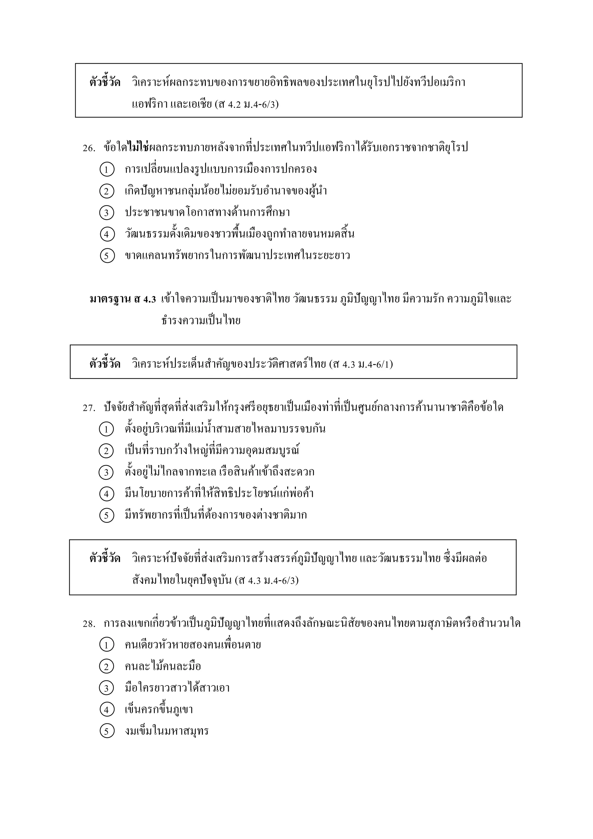 ตัวชี้วัด วิเครำะห์ผลกระทบของกำรขยำยอิทธิพลของประเทศในยุโรปไปยังทวีปอเมริกำ
แอฟริกำ และเอเชีย (ส 4.2 ม.4-6/3)
26. ข้อใดไม่ใช่ผลกระทบภำยหลังจำกที่ประเทศในทวีปแอฟริกำได้รับเอกรำชจำกชำติยุโรป
1 กำรเปลี่ยนแปลงรูปแบบกำรเมืองกำรปกครอง
2 เกิดปัญหำชนกลุ่มน้อยไม่ยอมรับอำนำจของผู้นำ
3 ประชำชนขำดโอกำสทำงด้ำนกำรศึกษำ
4 วัฒนธรรมดั้งเดิมของชำวพื้นเมืองถูกทำลำยจนหมดสิ้น
5 ขำดแคลนทรัพยำกรในกำรพัฒนำประเทศในระยะยำว
มาตรฐาน ส 4.3 เข้ำใจควำมเป็นมำของชำติไทย วัฒนธรรม ภูมิปัญญำไทย มีควำมรัก ควำมภูมิใจและ
ธำรงควำมเป็นไทย
ตัวชี้วัด วิเครำะห์ประเด็นสำคัญของประวัติศำสตร์ไทย (ส 4.3 ม.4-6/1)
27. ปัจจัยสำคัญที่สุดที่ส่งเสริมให้กรุงศรีอยุธยำเป็นเมืองท่ำที่เป็นศูนย์กลำงกำรค้ำนำนำชำติคือข้อใด
1 ตั้งอยู่บริเวณที่มีแม่น้ำสำมสำยไหลมำบรรจบกัน
2 เป็นที่รำบกว้ำงใหญ่ที่มีควำมอุดมสมบูรณ์
3 ตั้งอยู่ไม่ไกลจำกทะเล เรือสินค้ำเข้ำถึงสะดวก
4 มีนโยบำยกำรค้ำที่ให้สิทธิประโยชน์แก่พ่อค้ำ
5 มีทรัพยำกรที่เป็นที่ต้องกำรของต่ำงชำติมำก
ตัวชี้วัด วิเครำะห์ปัจจัยที่ส่งเสริมกำรสร้ำงสรรค์ภูมิปัญญำไทย และวัฒนธรรมไทย ซึ่งมีผลต่อ
สังคมไทยในยุคปัจจุบัน (ส 4.3 ม.4-6/3)
28. กำรลงแขกเกี่ยวข้ำวเป็นภูมิปัญญำไทยที่แสดงถึงลักษณะนิสัยของคนไทยตำมสุภำษิตหรือสำนวนใด
1 คนเดียวหัวหำยสองคนเพื่อนตำย
2 คนละไม้คนละมือ
3 มือใครยำวสำวได้สำวเอำ
4 เข็นครกขึ้นภูเขำ
5 งมเข็มในมหำสมุทร
 