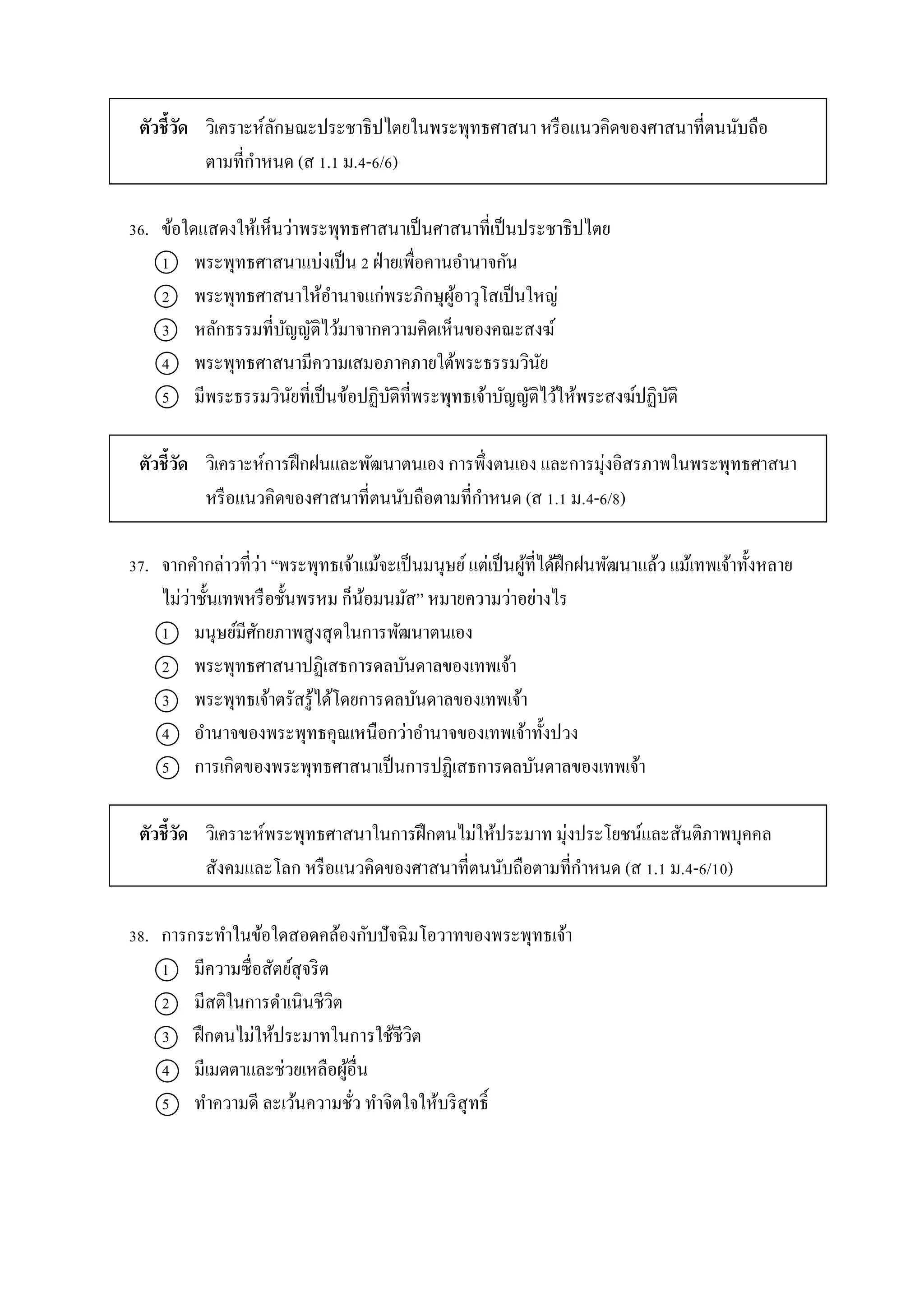 ตัวชี้วัด วิเครำะห์ลักษณะประชำธิปไตยในพระพุทธศำสนำ หรือแนวคิดของศำสนำที่ตนนับถือ
ตำมที่กำหนด (ส 1.1 ม.4-6/6)
36. ข้อใดแสดงให้เห็นว่ำพระพุทธศำสนำเป็นศำสนำที่เป็นประชำธิปไตย
1 พระพุทธศำสนำแบ่งเป็น 2 ฝ่ำยเพื่อคำนอำนำจกัน
2 พระพุทธศำสนำให้อำนำจแก่พระภิกษุผู้อำวุโสเป็นใหญ่
3 หลักธรรมที่บัญญัติไว้มำจำกควำมคิดเห็นของคณะสงฆ์
4 พระพุทธศำสนำมีควำมเสมอภำคภำยใต้พระธรรมวินัย
5 มีพระธรรมวินัยที่เป็นข้อปฏิบัติที่พระพุทธเจ้ำบัญญัติไว้ให้พระสงฆ์ปฏิบัติ
ตัวชี้วัด วิเครำะห์กำรฝึกฝนและพัฒนำตนเอง กำรพึ่งตนเอง และกำรมุ่งอิสรภำพในพระพุทธศำสนำ
หรือแนวคิดของศำสนำที่ตนนับถือตำมที่กำหนด (ส 1.1 ม.4-6/8)
37. จำกคำกล่ำวที่ว่ำ “พระพุทธเจ้ำแม้จะเป็นมนุษย์แต่เป็นผู้ที่ได้ฝึกฝนพัฒนำแล้ว แม้เทพเจ้ำทั้งหลำย
ไม่ว่ำชั้นเทพหรือชั้นพรหม ก็น้อมนมัส” หมำยควำมว่ำอย่ำงไร
1 มนุษย์มีศักยภำพสูงสุดในกำรพัฒนำตนเอง
2 พระพุทธศำสนำปฏิเสธกำรดลบันดำลของเทพเจ้ำ
3 พระพุทธเจ้ำตรัสรู้ได้โดยกำรดลบันดำลของเทพเจ้ำ
4 อำนำจของพระพุทธคุณเหนือกว่ำอำนำจของเทพเจ้ำทั้งปวง
5 กำรเกิดของพระพุทธศำสนำเป็นกำรปฏิเสธกำรดลบันดำลของเทพเจ้ำ
ตัวชี้วัด วิเครำะห์พระพุทธศำสนำในกำรฝึกตนไม่ให้ประมำท มุ่งประโยชน์และสันติภำพบุคคล
สังคมและโลก หรือแนวคิดของศำสนำที่ตนนับถือตำมที่กำหนด (ส 1.1 ม.4-6/10)
38. กำรกระทำในข้อใดสอดคล้องกับปัจฉิมโอวำทของพระพุทธเจ้ำ
1 มีควำมซื่อสัตย์สุจริต
2 มีสติในกำรดำเนินชีวิต
3 ฝึกตนไม่ให้ประมำทในกำรใช้ชีวิต
4 มีเมตตำและช่วยเหลือผู้อื่น
5 ทำควำมดี ละเว้นควำมชั่ว ทำจิตใจให้บริสุทธิ์
 