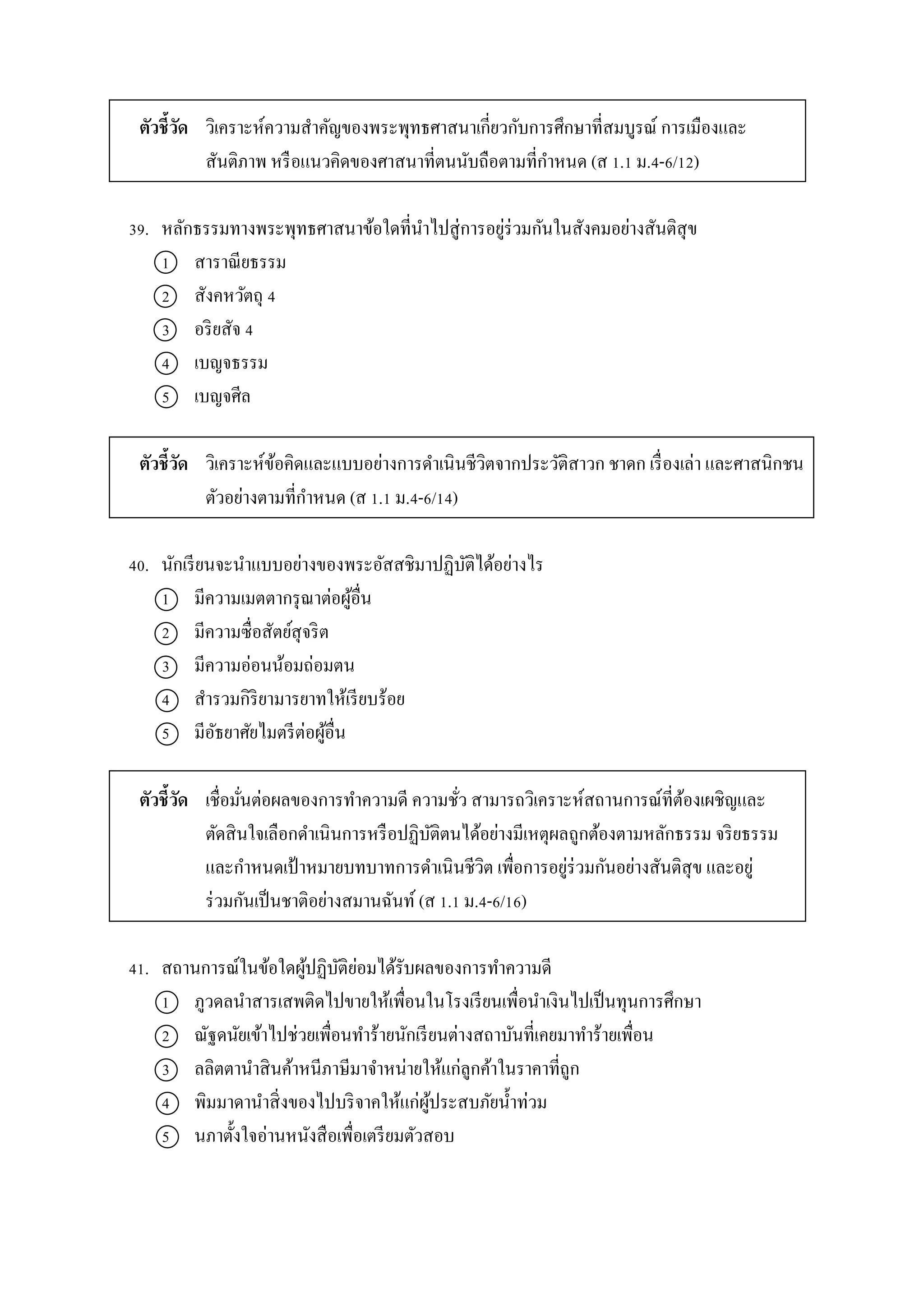 ตัวชี้วัด วิเครำะห์ควำมสำคัญของพระพุทธศำสนำเกี่ยวกับกำรศึกษำที่สมบูรณ์ กำรเมืองและ
สันติภำพ หรือแนวคิดของศำสนำที่ตนนับถือตำมที่กำหนด (ส 1.1 ม.4-6/12)
39. หลักธรรมทำงพระพุทธศำสนำข้อใดที่นำไปสู่กำรอยู่ร่วมกันในสังคมอย่ำงสันติสุข
1 สำรำณียธรรม
2 สังคหวัตถุ 4
3 อริยสัจ 4
4 เบญจธรรม
5 เบญจศีล
ตัวชี้วัด วิเครำะห์ข้อคิดและแบบอย่ำงกำรดำเนินชีวิตจำกประวัติสำวก ชำดก เรื่องเล่ำ และศำสนิกชน
ตัวอย่ำงตำมที่กำหนด (ส 1.1 ม.4-6/14)
40. นักเรียนจะนำแบบอย่ำงของพระอัสสชิมำปฏิบัติได้อย่ำงไร
1 มีควำมเมตตำกรุณำต่อผู้อื่น
2 มีควำมซื่อสัตย์สุจริต
3 มีควำมอ่อนน้อมถ่อมตน
4 สำรวมกิริยำมำรยำทให้เรียบร้อย
5 มีอัธยำศัยไมตรีต่อผู้อื่น
ตัวชี้วัด เชื่อมั่นต่อผลของกำรทำควำมดี ควำมชั่ว สำมำรถวิเครำะห์สถำนกำรณ์ที่ต้องเผชิญและ
ตัดสินใจเลือกดำเนินกำรหรือปฏิบัติตนได้อย่ำงมีเหตุผลถูกต้องตำมหลักธรรม จริยธรรม
และกำหนดเป้ ำหมำยบทบำทกำรดำเนินชีวิต เพื่อกำรอยู่ร่วมกันอย่ำงสันติสุข และอยู่
ร่วมกันเป็นชำติอย่ำงสมำนฉันท์ (ส 1.1 ม.4-6/16)
41. สถำนกำรณ์ในข้อใดผู้ปฏิบัติย่อมได้รับผลของกำรทำควำมดี
1 ภูวดลนำสำรเสพติดไปขำยให้เพื่อนในโรงเรียนเพื่อนำเงินไปเป็นทุนกำรศึกษำ
2 ณัฐดนัยเข้ำไปช่วยเพื่อนทำร้ำยนักเรียนต่ำงสถำบันที่เคยมำทำร้ำยเพื่อน
3 ลลิตตำนำสินค้ำหนีภำษีมำจำหน่ำยให้แก่ลูกค้ำในรำคำที่ถูก
4 พิมมำดำนำสิ่งของไปบริจำคให้แก่ผู้ประสบภัยน้ำท่วม
5 นภำตั้งใจอ่ำนหนังสือเพื่อเตรียมตัวสอบ
 