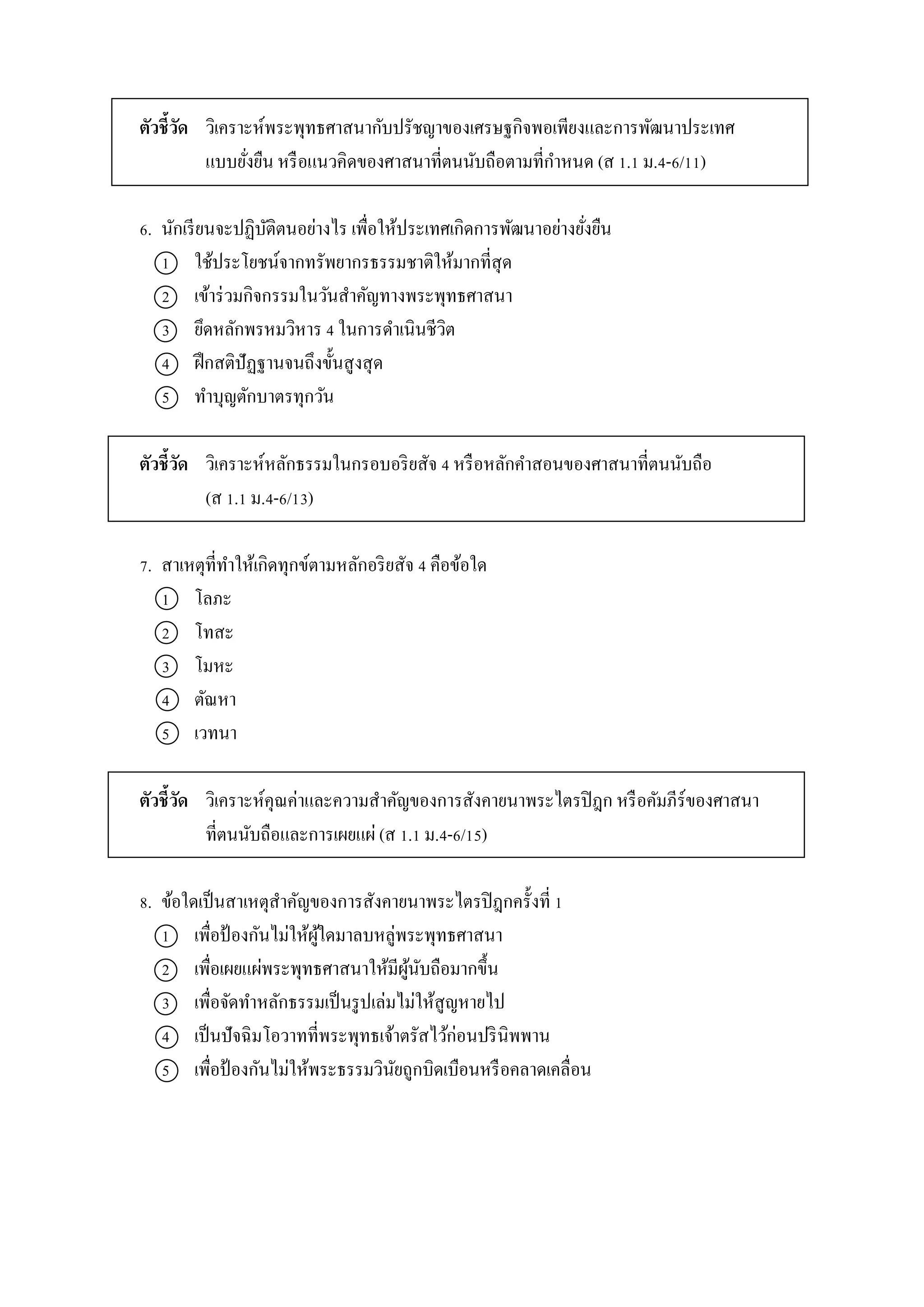 ตัวชี้วัด วิเครำะห์พระพุทธศำสนำกับปรัชญำของเศรษฐกิจพอเพียงและกำรพัฒนำประเทศ
แบบยั่งยืน หรือแนวคิดของศำสนำที่ตนนับถือตำมที่กำหนด (ส 1.1 ม.4-6/11)
6. นักเรียนจะปฏิบัติตนอย่ำงไร เพื่อให้ประเทศเกิดกำรพัฒนำอย่ำงยั่งยืน
1 ใช้ประโยชน์จำกทรัพยำกรธรรมชำติให้มำกที่สุด
2 เข้ำร่วมกิจกรรมในวันสำคัญทำงพระพุทธศำสนำ
3 ยึดหลักพรหมวิหำร 4 ในกำรดำเนินชีวิต
4 ฝึกสติปัฏฐำนจนถึงขั้นสูงสุด
5 ทำบุญตักบำตรทุกวัน
ตัวชี้วัด วิเครำะห์หลักธรรมในกรอบอริยสัจ 4 หรือหลักคำสอนของศำสนำที่ตนนับถือ
(ส 1.1 ม.4-6/13)
7. สำเหตุที่ทำให้เกิดทุกข์ตำมหลักอริยสัจ 4 คือข้อใด
1 โลภะ
2 โทสะ
3 โมหะ
4 ตัณหำ
5 เวทนำ
ตัวชี้วัด วิเครำะห์คุณค่ำและควำมสำคัญของกำรสังคำยนำพระไตรปิฎก หรือคัมภีร์ของศำสนำ
ที่ตนนับถือและกำรเผยแผ่ (ส 1.1 ม.4-6/15)
8. ข้อใดเป็นสำเหตุสำคัญของกำรสังคำยนำพระไตรปิฎกครั้งที่ 1
1 เพื่อป้ องกันไม่ให้ผู้ใดมำลบหลู่พระพุทธศำสนำ
2 เพื่อเผยแผ่พระพุทธศำสนำให้มีผู้นับถือมำกขึ้น
3 เพื่อจัดทำหลักธรรมเป็นรูปเล่มไม่ให้สูญหำยไป
4 เป็นปัจฉิมโอวำทที่พระพุทธเจ้ำตรัสไว้ก่อนปรินิพพำน
5 เพื่อป้ องกันไม่ให้พระธรรมวินัยถูกบิดเบือนหรือคลำดเคลื่อน
 