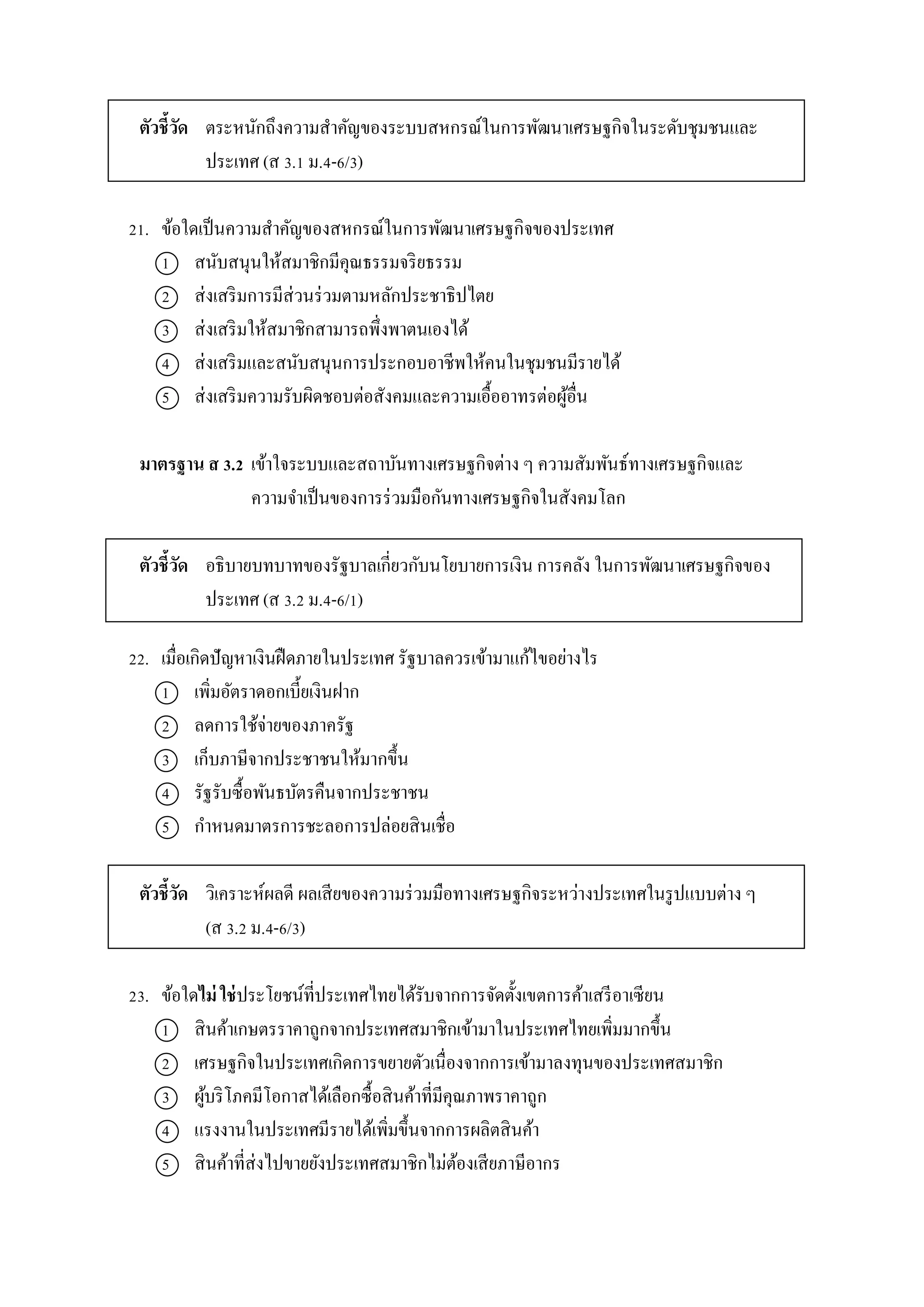 ตัวชี้วัด ตระหนักถึงควำมสำคัญของระบบสหกรณ์ในกำรพัฒนำเศรษฐกิจในระดับชุมชนและ
ประเทศ (ส 3.1 ม.4-6/3)
21. ข้อใดเป็นควำมสำคัญของสหกรณ์ในกำรพัฒนำเศรษฐกิจของประเทศ
1 สนับสนุนให้สมำชิกมีคุณธรรมจริยธรรม
2 ส่งเสริมกำรมีส่วนร่วมตำมหลักประชำธิปไตย
3 ส่งเสริมให้สมำชิกสำมำรถพึ่งพำตนเองได้
4 ส่งเสริมและสนับสนุนกำรประกอบอำชีพให้คนในชุมชนมีรำยได้
5 ส่งเสริมควำมรับผิดชอบต่อสังคมและควำมเอื้ออำทรต่อผู้อื่น
มาตรฐาน ส 3.2 เข้ำใจระบบและสถำบันทำงเศรษฐกิจต่ำง ๆ ควำมสัมพันธ์ทำงเศรษฐกิจและ
ควำมจำเป็นของกำรร่วมมือกันทำงเศรษฐกิจในสังคมโลก
ตัวชี้วัด อธิบำยบทบำทของรัฐบำลเกี่ยวกับนโยบำยกำรเงิน กำรคลัง ในกำรพัฒนำเศรษฐกิจของ
ประเทศ (ส 3.2 ม.4-6/1)
22. เมื่อเกิดปัญหำเงินฝืดภำยในประเทศ รัฐบำลควรเข้ำมำแก้ไขอย่ำงไร
1 เพิ่มอัตรำดอกเบี้ยเงินฝำก
2 ลดกำรใช้จ่ำยของภำครัฐ
3 เก็บภำษีจำกประชำชนให้มำกขึ้น
4 รัฐรับซื้อพันธบัตรคืนจำกประชำชน
5 กำหนดมำตรกำรชะลอกำรปล่อยสินเชื่อ
ตัวชี้วัด วิเครำะห์ผลดี ผลเสียของควำมร่วมมือทำงเศรษฐกิจระหว่ำงประเทศในรูปแบบต่ำง ๆ
(ส 3.2 ม.4-6/3)
23. ข้อใดไม่ ใช่ประโยชน์ที่ประเทศไทยได้รับจำกกำรจัดตั้งเขตกำรค้ำเสรีอำเซียน
1 สินค้ำเกษตรรำคำถูกจำกประเทศสมำชิกเข้ำมำในประเทศไทยเพิ่มมำกขึ้น
2 เศรษฐกิจในประเทศเกิดกำรขยำยตัวเนื่องจำกกำรเข้ำมำลงทุนของประเทศสมำชิก
3 ผู้บริโภคมีโอกำสได้เลือกซื้อสินค้ำที่มีคุณภำพรำคำถูก
4 แรงงำนในประเทศมีรำยได้เพิ่มขึ้นจำกกำรผลิตสินค้ำ
5 สินค้ำที่ส่งไปขำยยังประเทศสมำชิกไม่ต้องเสียภำษีอำกร
 