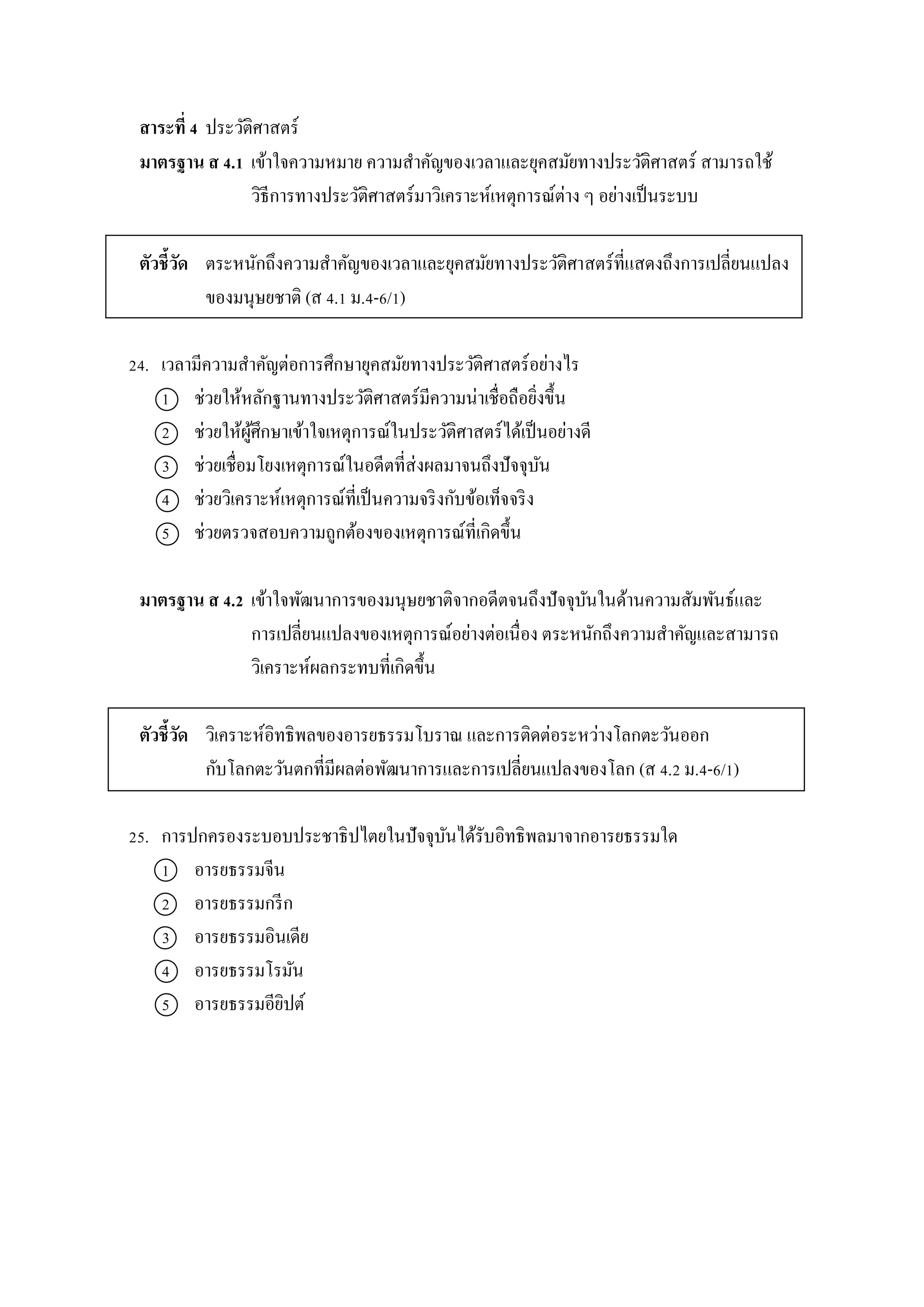 สาระที่ 4 ประวัติศำสตร์
มาตรฐาน ส 4.1 เข้ำใจควำมหมำย ควำมสำคัญของเวลำและยุคสมัยทำงประวัติศำสตร์ สำมำรถใช้
วิธีกำรทำงประวัติศำสตร์มำวิเครำะห์เหตุกำรณ์ต่ำง ๆ อย่ำงเป็นระบบ
ตัวชี้วัด ตระหนักถึงควำมสำคัญของเวลำและยุคสมัยทำงประวัติศำสตร์ที่แสดงถึงกำรเปลี่ยนแปลง
ของมนุษยชำติ (ส 4.1 ม.4-6/1)
24. เวลำมีควำมสำคัญต่อกำรศึกษำยุคสมัยทำงประวัติศำสตร์อย่ำงไร
1 ช่วยให้หลักฐำนทำงประวัติศำสตร์มีควำมน่ำเชื่อถือยิ่งขึ้น
2 ช่วยให้ผู้ศึกษำเข้ำใจเหตุกำรณ์ในประวัติศำสตร์ได้เป็นอย่ำงดี
3 ช่วยเชื่อมโยงเหตุกำรณ์ในอดีตที่ส่งผลมำจนถึงปัจจุบัน
4 ช่วยวิเครำะห์เหตุกำรณ์ที่เป็นควำมจริงกับข้อเท็จจริง
5 ช่วยตรวจสอบควำมถูกต้องของเหตุกำรณ์ที่เกิดขึ้น
มาตรฐาน ส 4.2 เข้ำใจพัฒนำกำรของมนุษยชำติจำกอดีตจนถึงปัจจุบันในด้ำนควำมสัมพันธ์และ
กำรเปลี่ยนแปลงของเหตุกำรณ์อย่ำงต่อเนื่อง ตระหนักถึงควำมสำคัญและสำมำรถ
วิเครำะห์ผลกระทบที่เกิดขึ้น
ตัวชี้วัด วิเครำะห์อิทธิพลของอำรยธรรมโบรำณ และกำรติดต่อระหว่ำงโลกตะวันออก
กับโลกตะวันตกที่มีผลต่อพัฒนำกำรและกำรเปลี่ยนแปลงของโลก (ส 4.2 ม.4-6/1)
25. กำรปกครองระบอบประชำธิปไตยในปัจจุบันได้รับอิทธิพลมำจำกอำรยธรรมใด
1 อำรยธรรมจีน
2 อำรยธรรมกรีก
3 อำรยธรรมอินเดีย
4 อำรยธรรมโรมัน
5 อำรยธรรมอียิปต์
 
