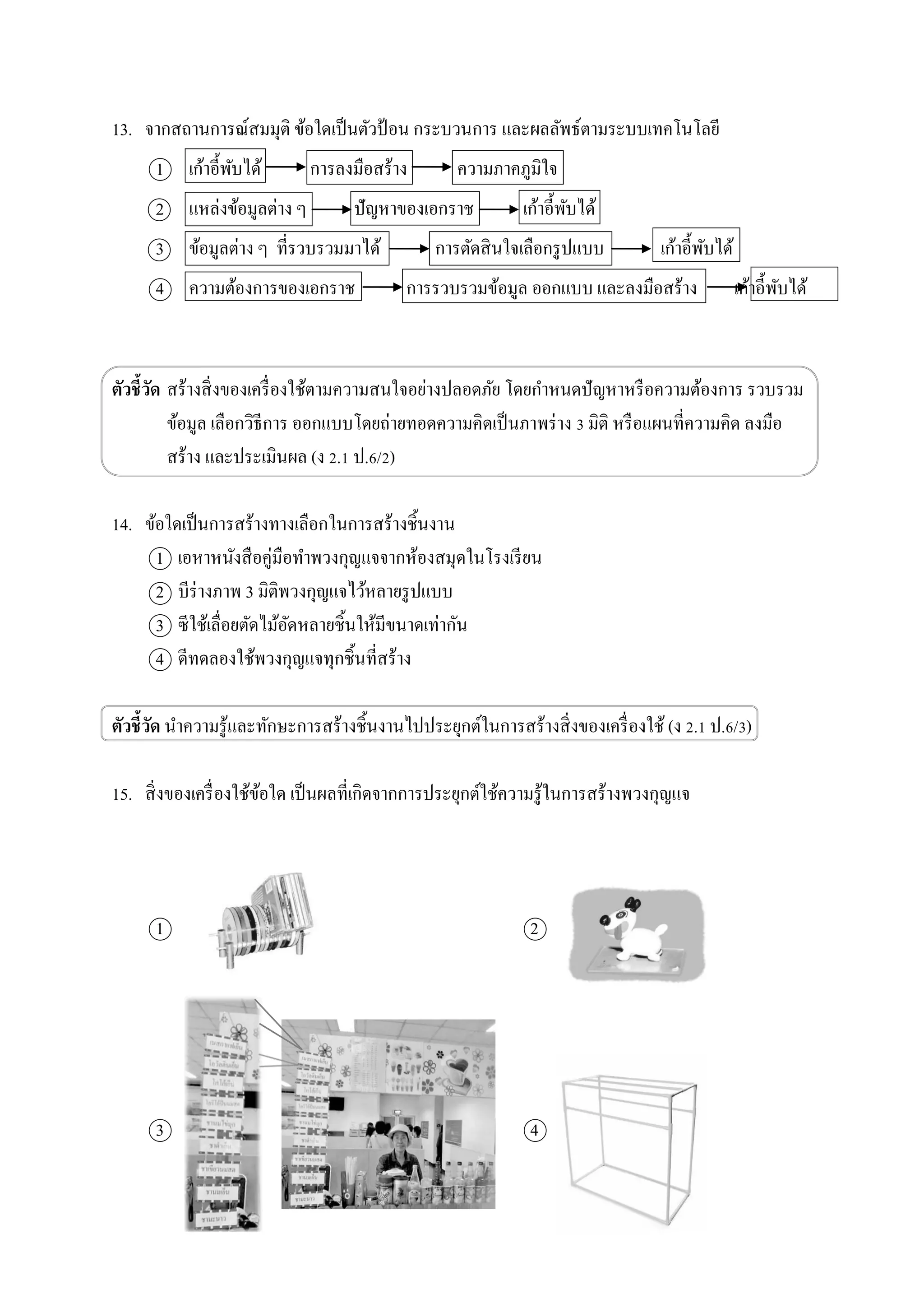 13. จากสถานการณ์สมมุติ ข้อใดเป็นตัวป้ อน กระบวนการ และผลลัพธ์ตามระบบเทคโนโลยี
1 เก้าอี้พับได้ การลงมือสร้าง ความภาคภูมิใจ
2 แหล่งข้อมูลต่าง ๆ ปัญหาของเอกราช เก้าอี้พับได้
3 ข้อมูลต่าง ๆ ที่รวบรวมมาได้ การตัดสินใจเลือกรูปแบบ เก้าอี้พับได้
4 ความต้องการของเอกราช การรวบรวมข้อมูล ออกแบบ และลงมือสร้าง เก้าอี้พับได้
ตัวชี้วัด สร้างสิ่งของเครื่องใช้ตามความสนใจอย่างปลอดภัย โดยกาหนดปัญหาหรือความต้องการ รวบรวม
ข้อมูล เลือกวิธีการ ออกแบบโดยถ่ายทอดความคิดเป็นภาพร่าง 3 มิติ หรือแผนที่ความคิด ลงมือ
สร้าง และประเมินผล (ง 2.1 ป.6/2)
14. ข้อใดเป็นการสร้างทางเลือกในการสร้างชิ้นงาน
1 เอหาหนังสือคู่มือทาพวงกุญแจจากห้องสมุดในโรงเรียน
2 บีร่างภาพ 3 มิติพวงกุญแจไว้หลายรูปแบบ
3 ซีใช้เลื่อยตัดไม้อัดหลายชิ้นให้มีขนาดเท่ากัน
4 ดีทดลองใช้พวงกุญแจทุกชิ้นที่สร้าง
ตัวชี้วัด นาความรู้และทักษะการสร้างชิ้นงานไปประยุกต์ในการสร้างสิ่งของเครื่องใช้ (ง 2.1 ป.6/3)
15. สิ่งของเครื่องใช้ข้อใด เป็นผลที่เกิดจากการประยุกต์ใช้ความรู้ในการสร้างพวงกุญแจ
1 2
3 4
 